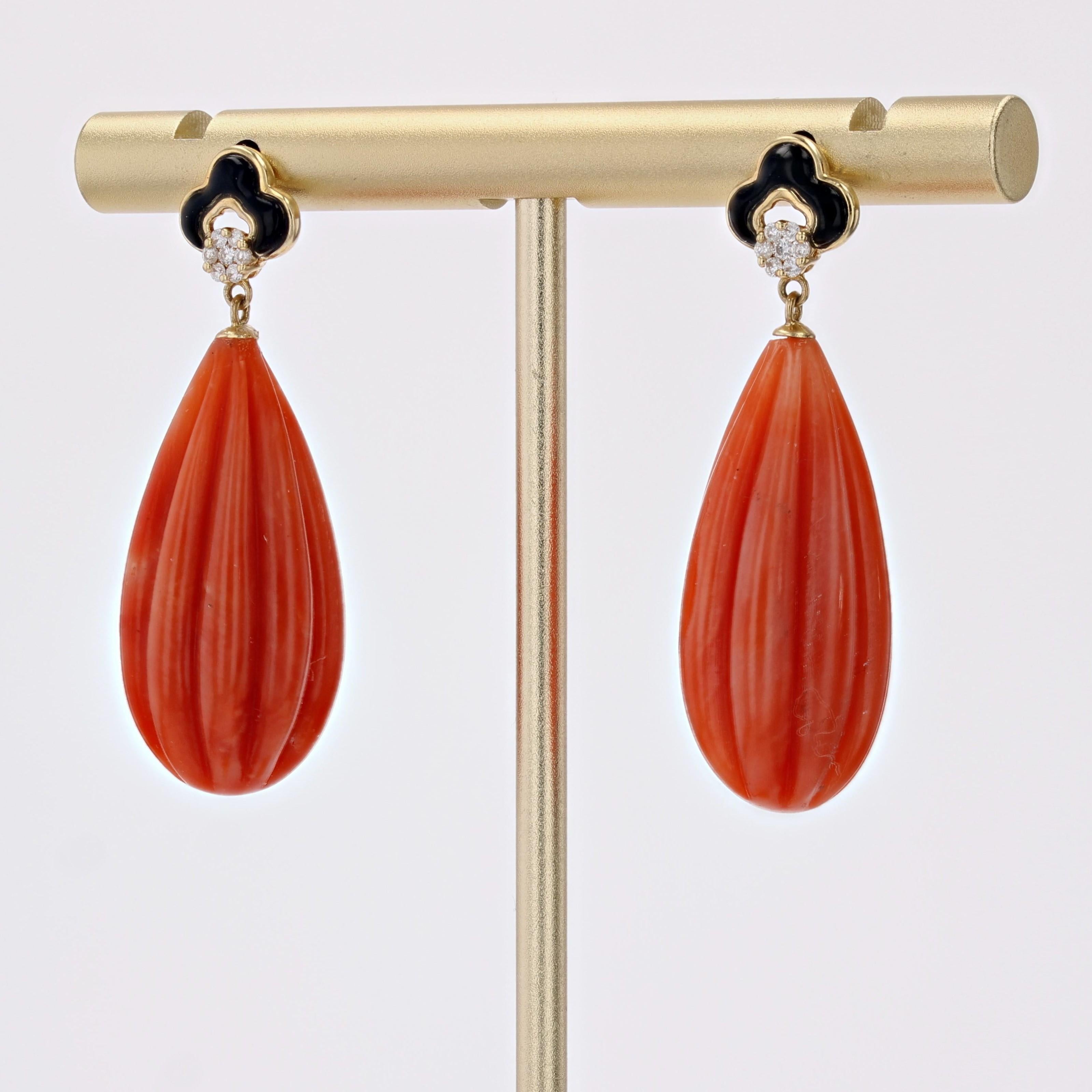 New Art Deco Style Coral Onyx Diamonds 18 Karat Yellow Gold Dangle Earrings In New Condition For Sale In Poitiers, FR
