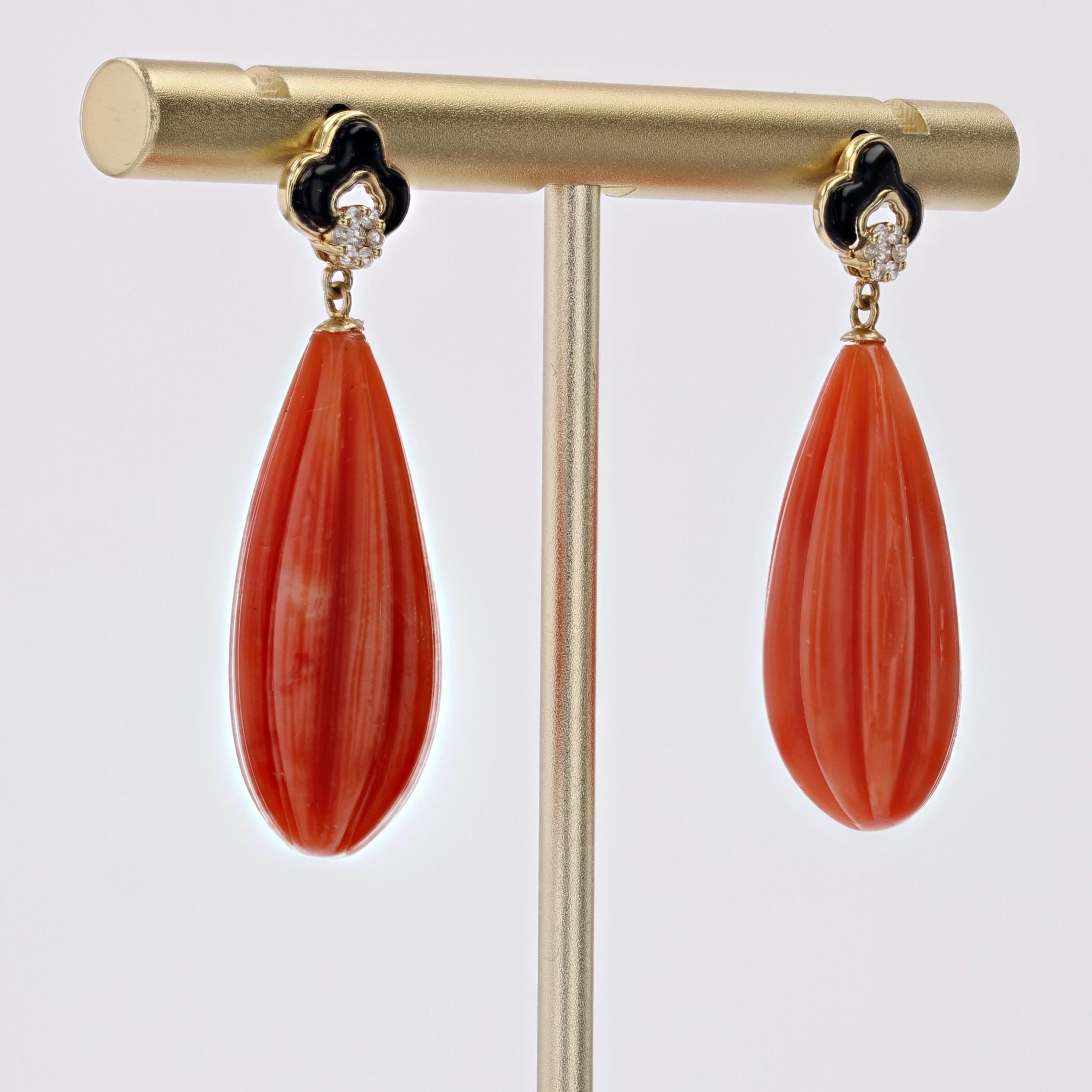 Women's New Art Deco Style Coral Onyx Diamonds 18 Karat Yellow Gold Dangle Earrings For Sale