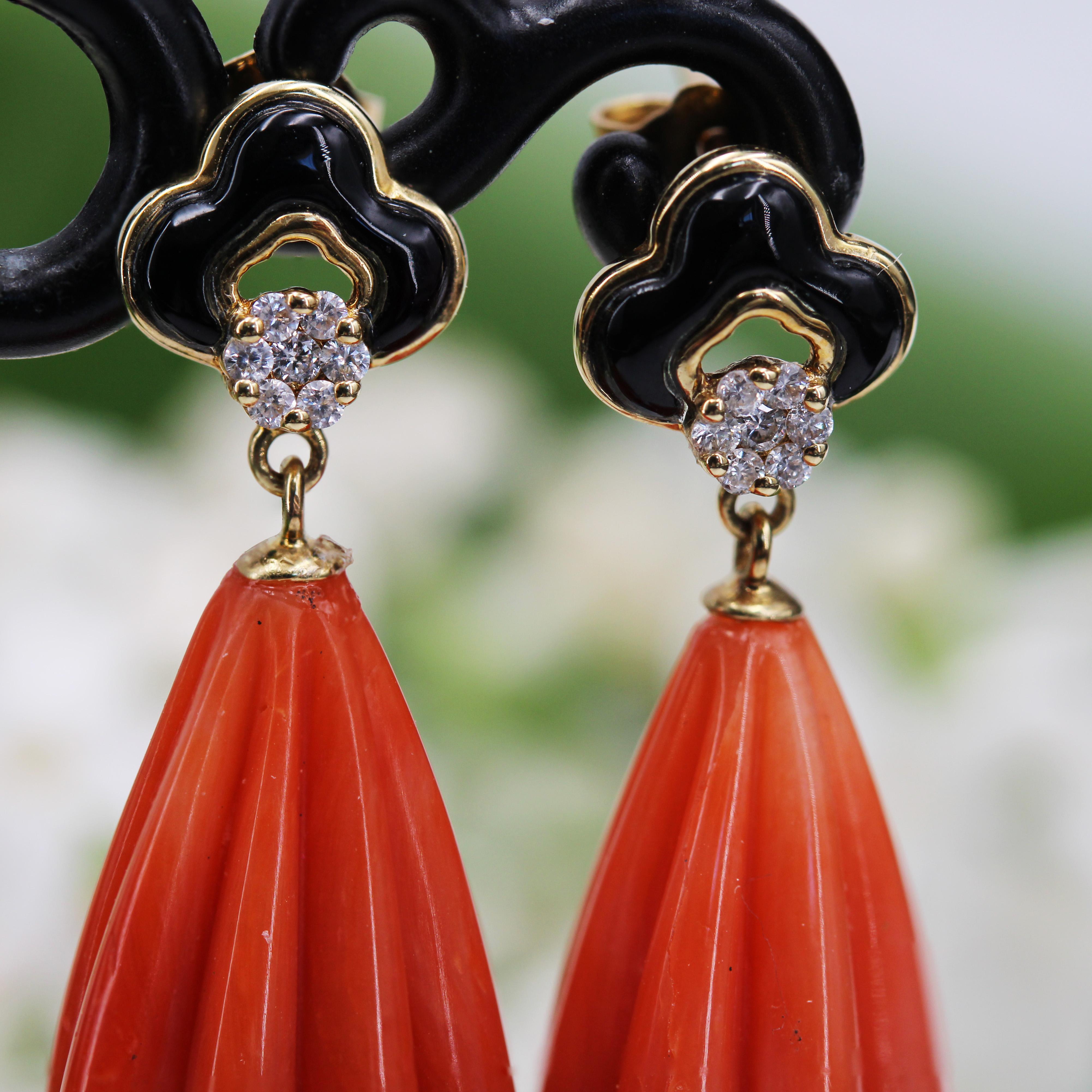 New Art Deco Style Coral Onyx Diamonds 18 Karat Yellow Gold Dangle Earrings For Sale 4