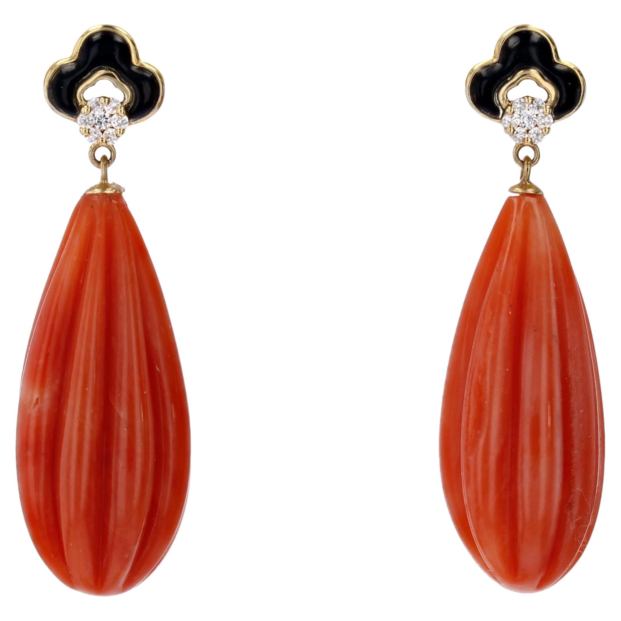 New Art Deco Style Coral Onyx Diamonds 18 Karat Yellow Gold Dangle Earrings For Sale