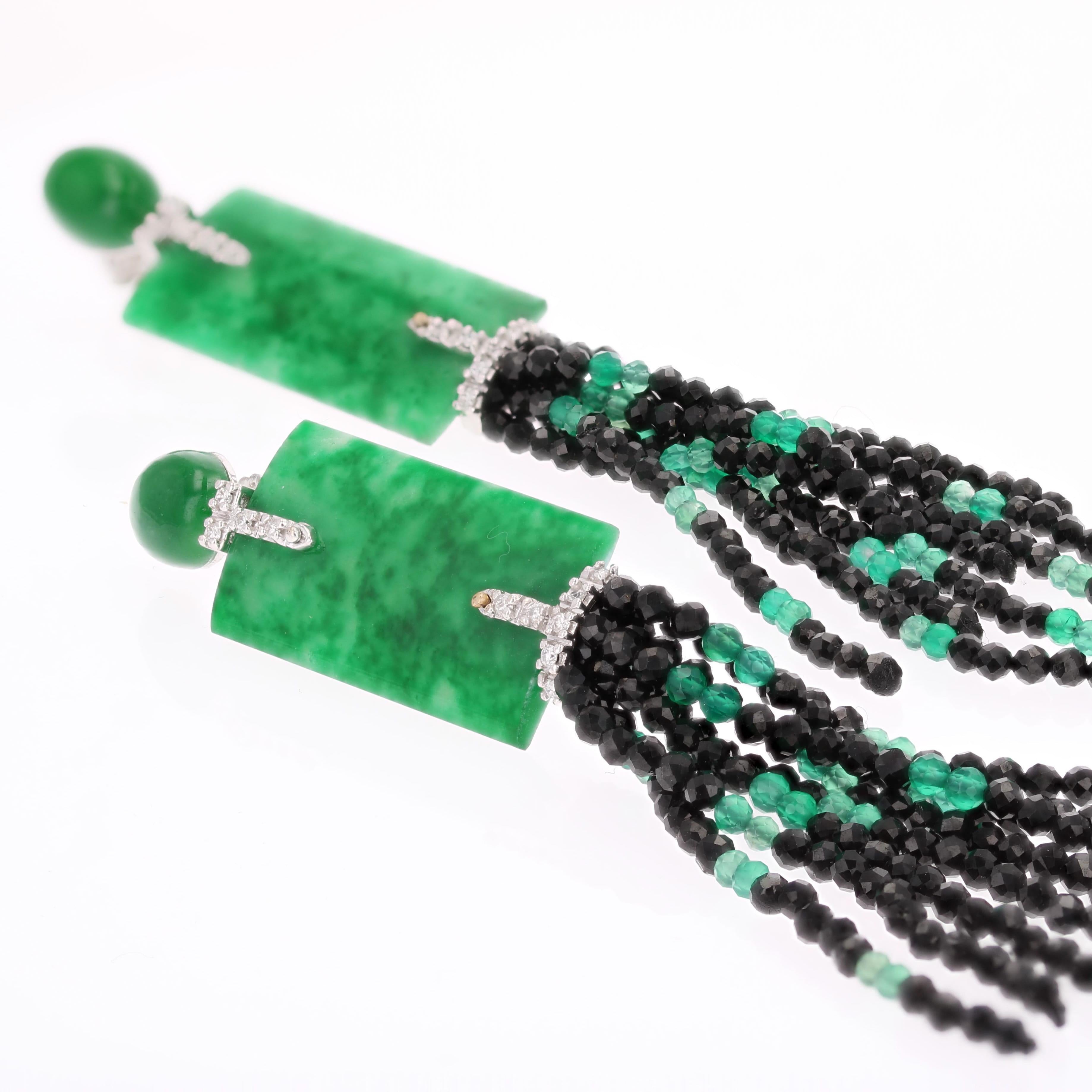Nuovi orecchini pendenti in stile Art Deco con diamante, spinello nero e smeraldo di giada in vendita 4