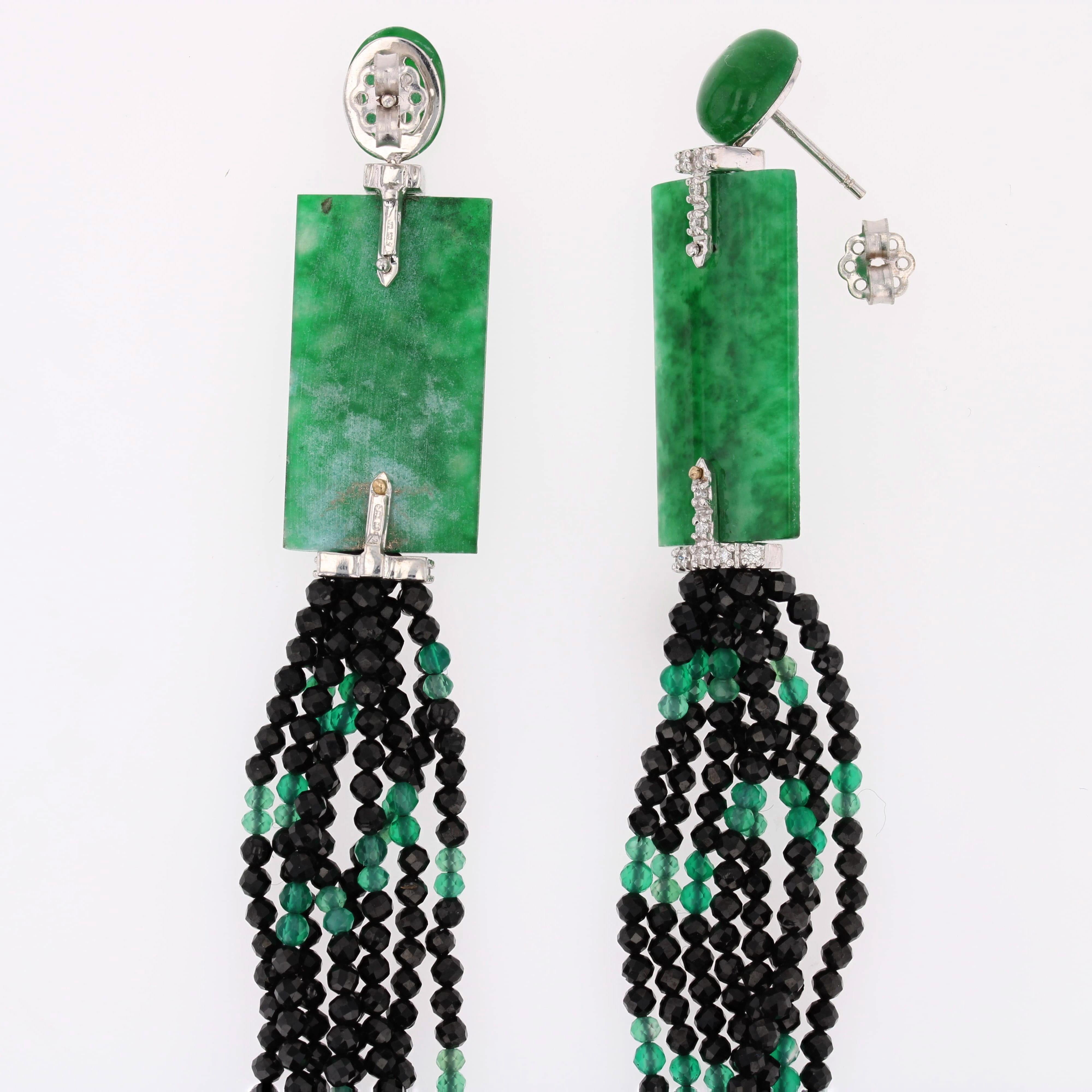 Nuovi orecchini pendenti in stile Art Deco con diamante, spinello nero e smeraldo di giada in vendita 5