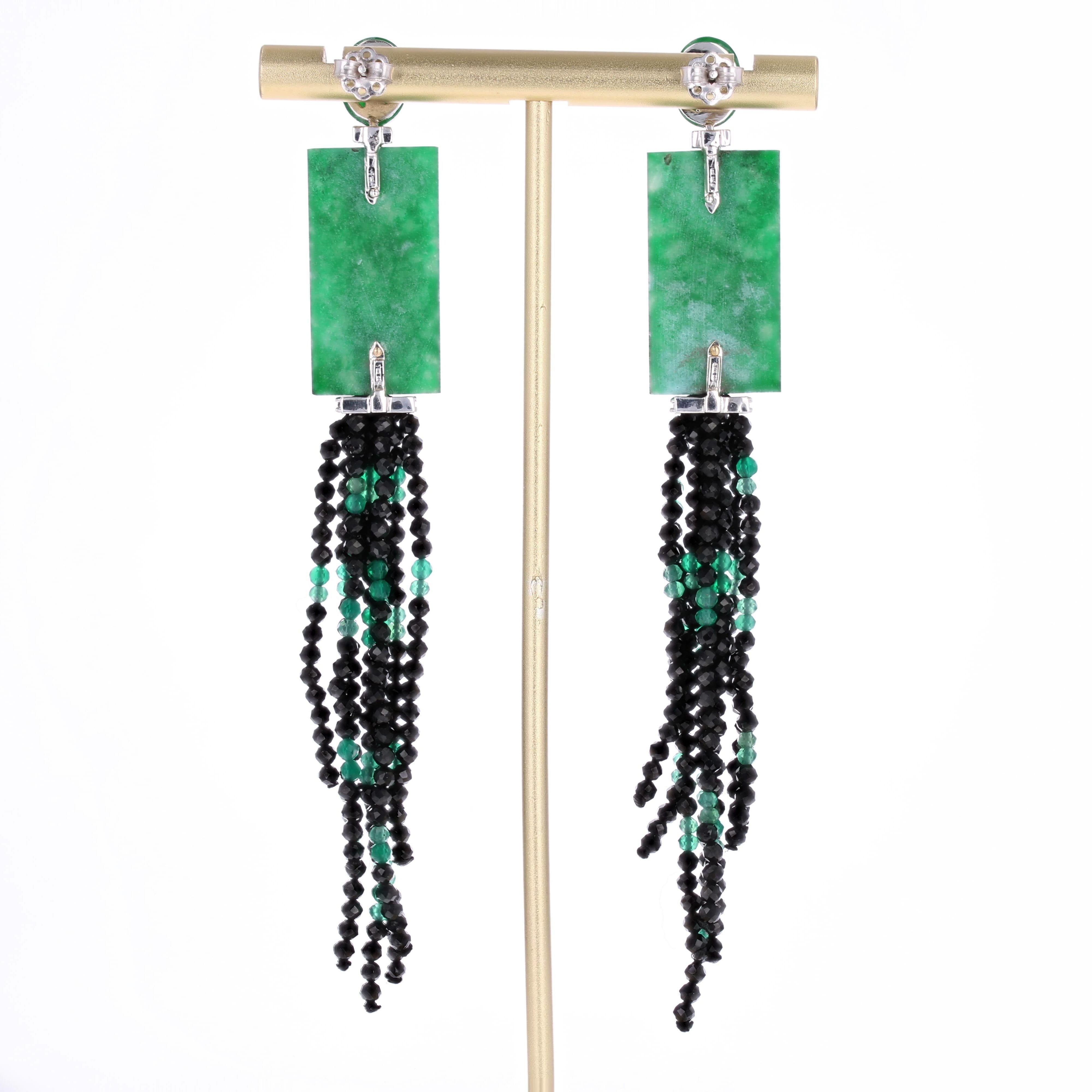 Nuovi orecchini pendenti in stile Art Deco con diamante, spinello nero e smeraldo di giada in vendita 7