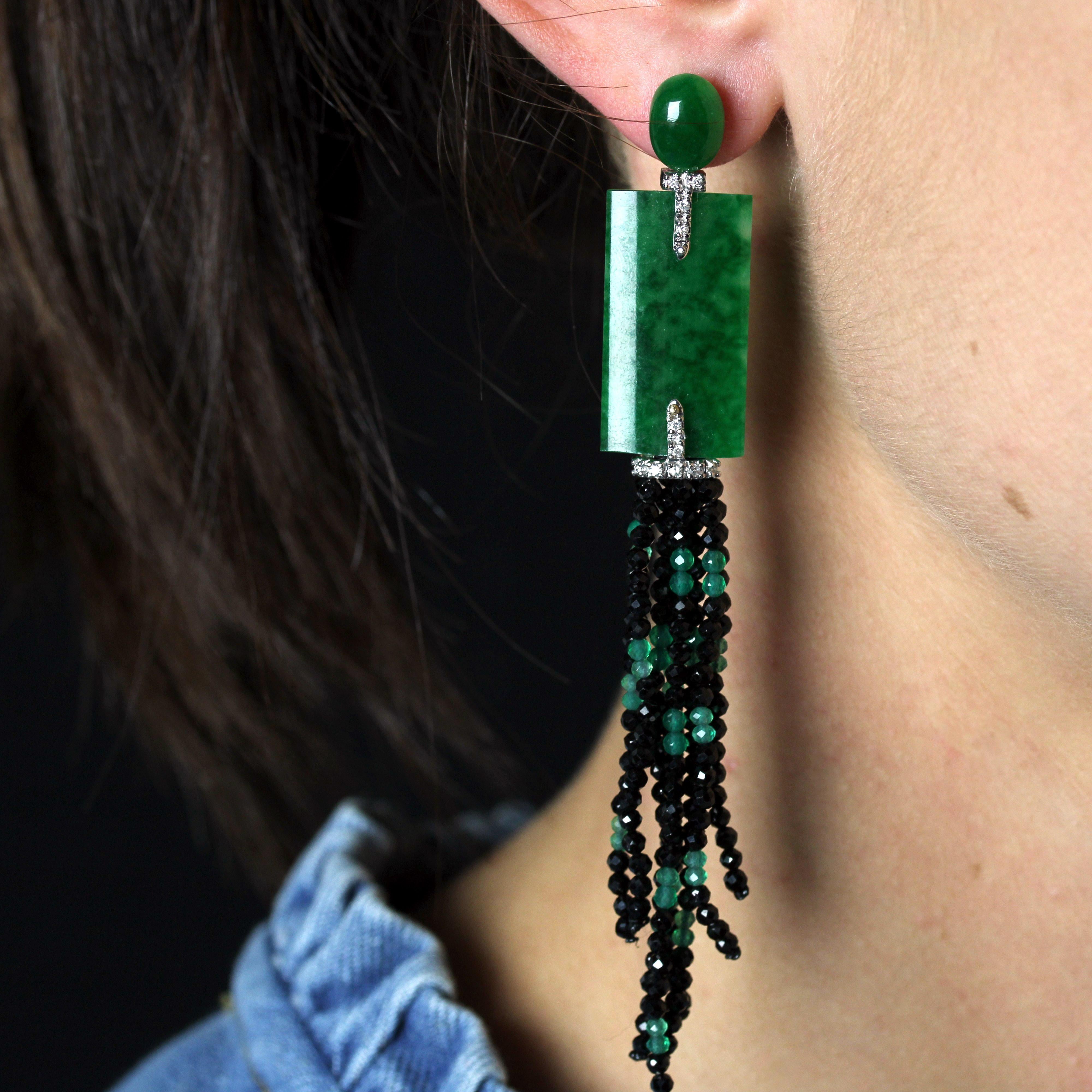 Donna Nuovi orecchini pendenti in stile Art Deco con diamante, spinello nero e smeraldo di giada in vendita