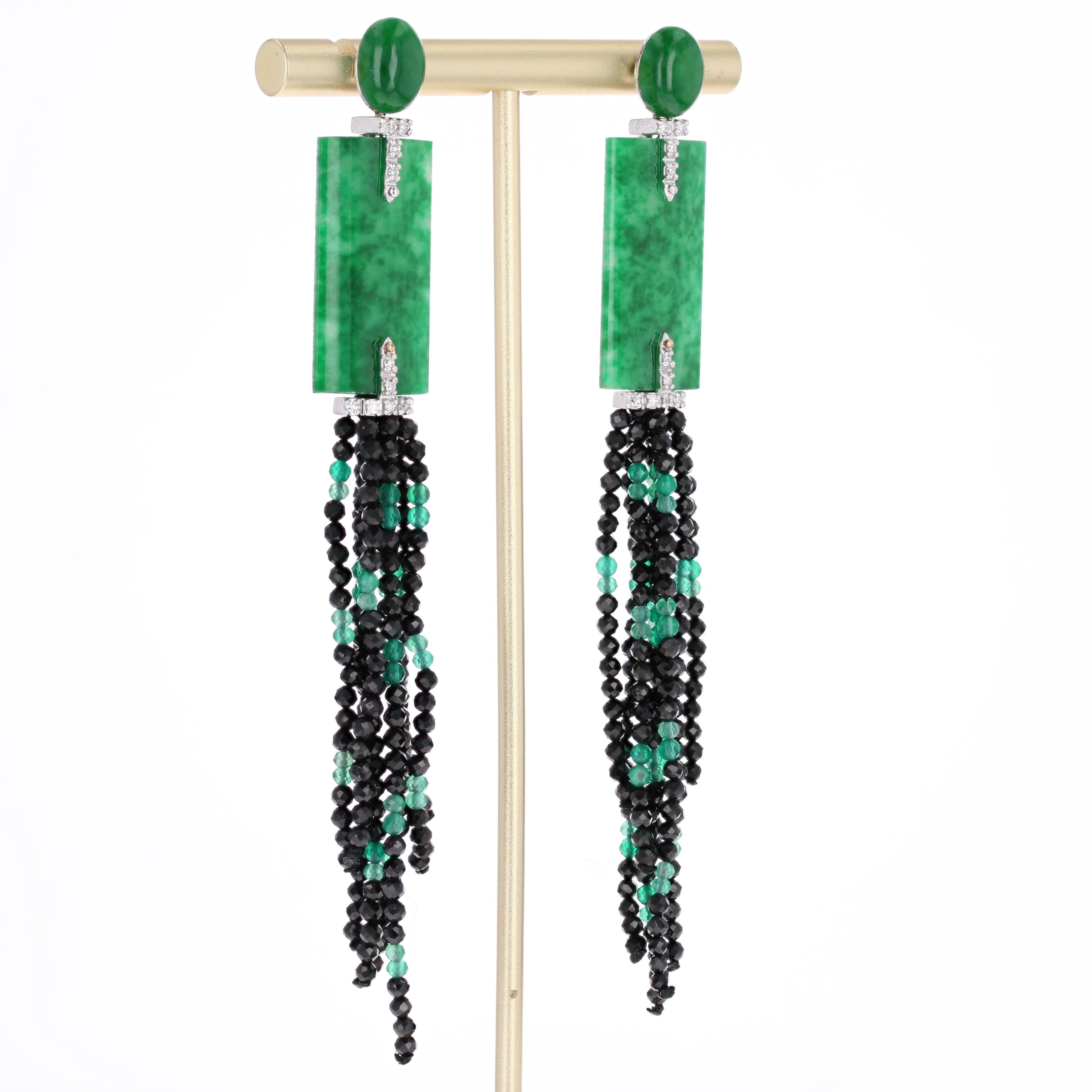 Nuovi orecchini pendenti in stile Art Deco con diamante, spinello nero e smeraldo di giada in vendita 3