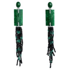 New Art Deco Style Diamond Black Spinel Jade Emerald Dangle Earrings
