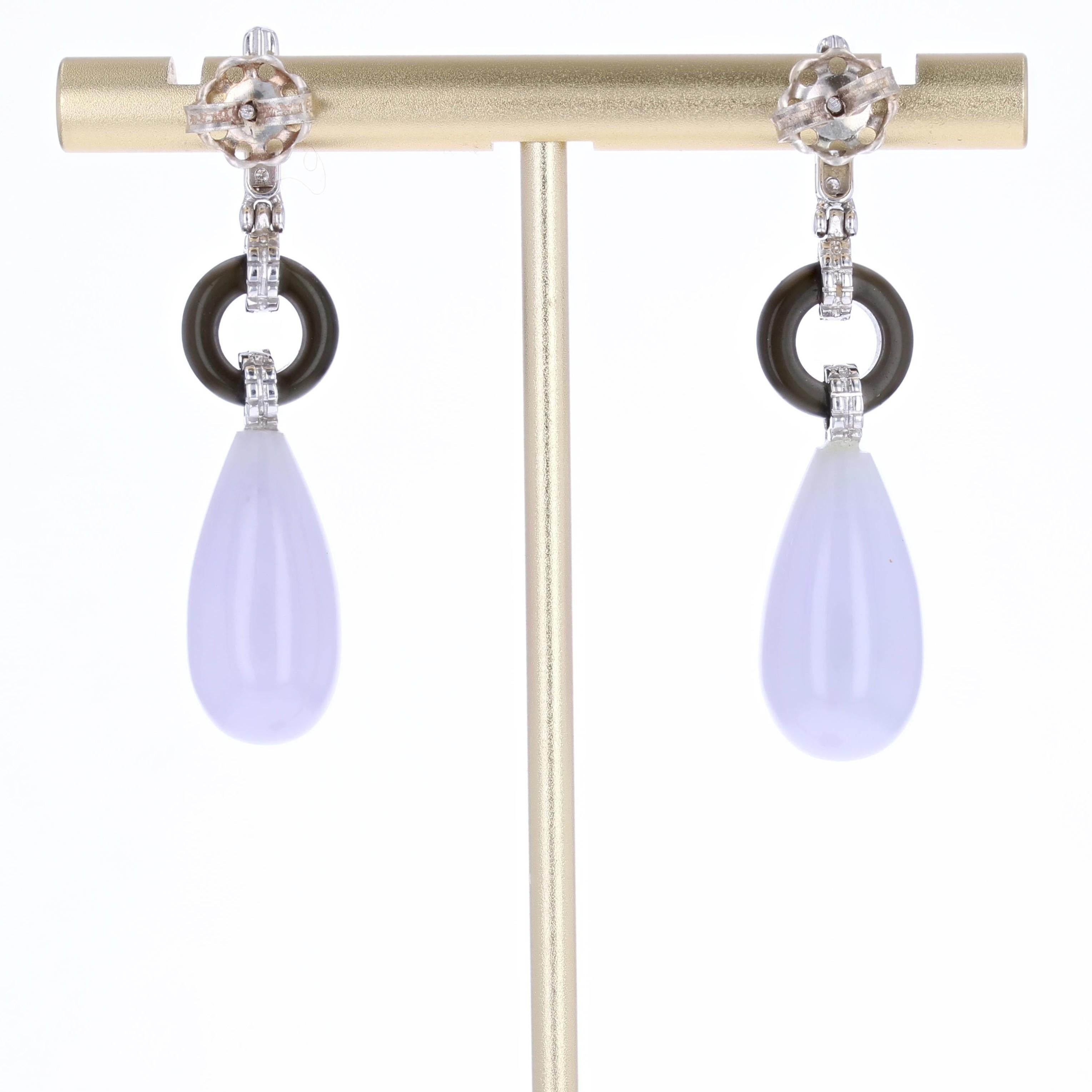 Nuovi orecchini pendenti in stile Art Deco in giada lavanda e onice con diamanti in oro bianco 18 K. in vendita 6