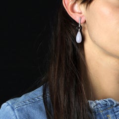 New Art Deco Style Lavender Jade Onyx Diamonds 18 K White Gold Dangle Earrings