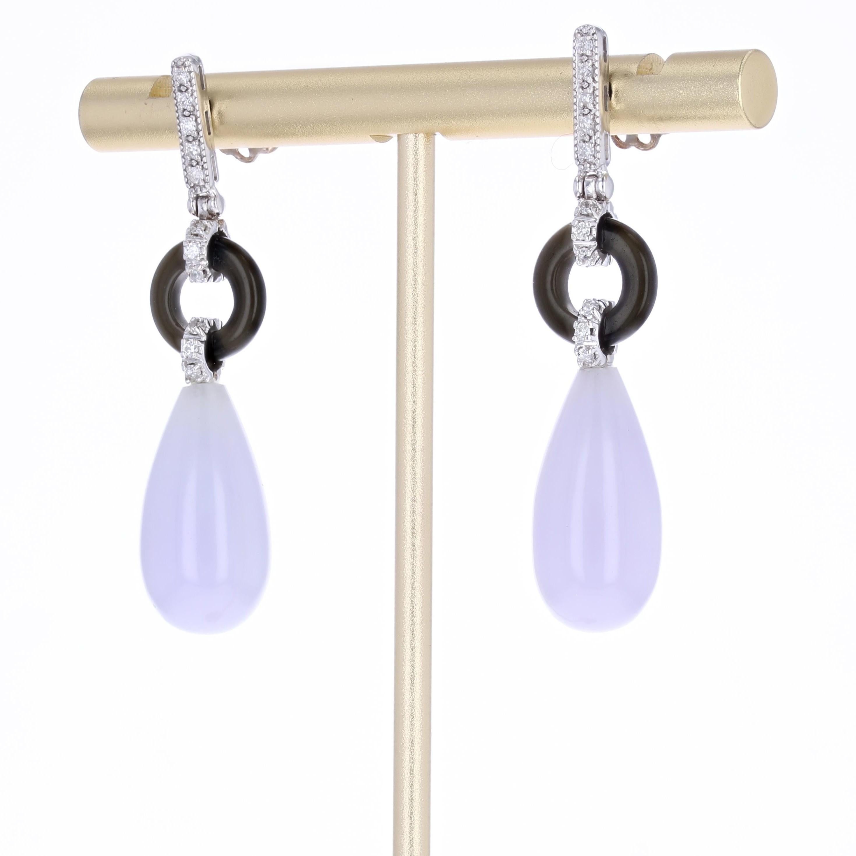 Taglio brillante Nuovi orecchini pendenti in stile Art Deco in giada lavanda e onice con diamanti in oro bianco 18 K. in vendita