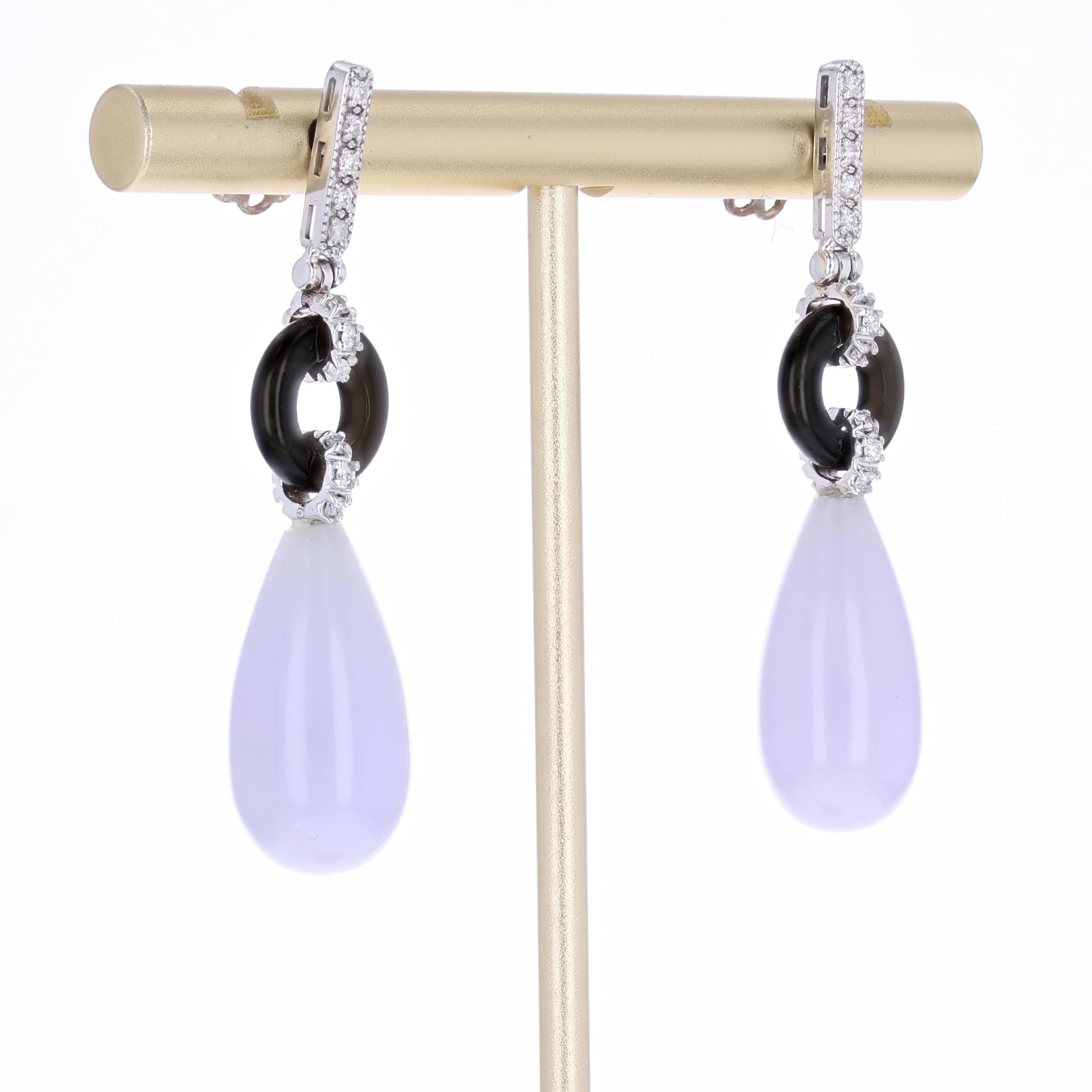 Nuovi orecchini pendenti in stile Art Deco in giada lavanda e onice con diamanti in oro bianco 18 K. In condizioni Nuovo in vendita a Poitiers, FR