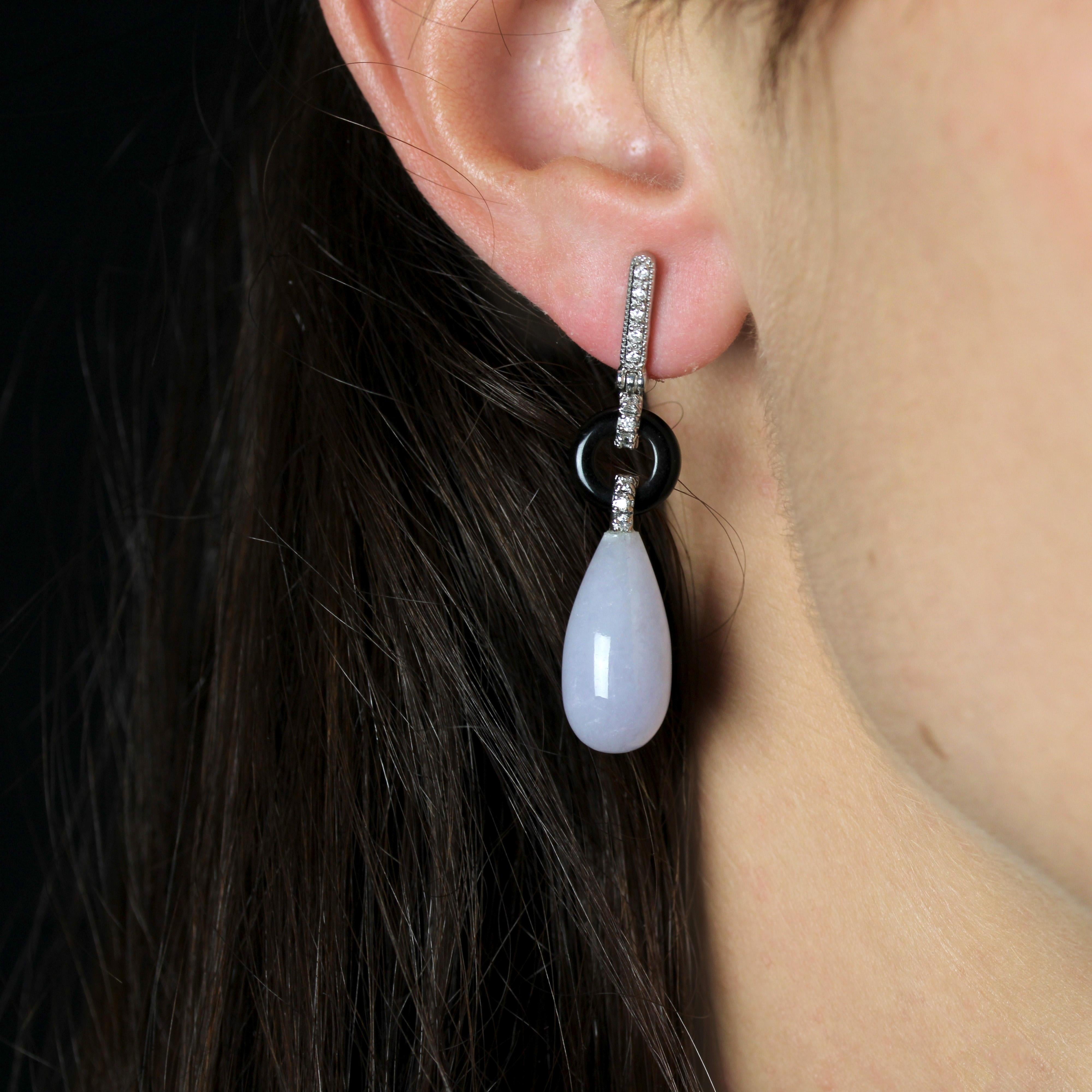 Donna Nuovi orecchini pendenti in stile Art Deco in giada lavanda e onice con diamanti in oro bianco 18 K. in vendita