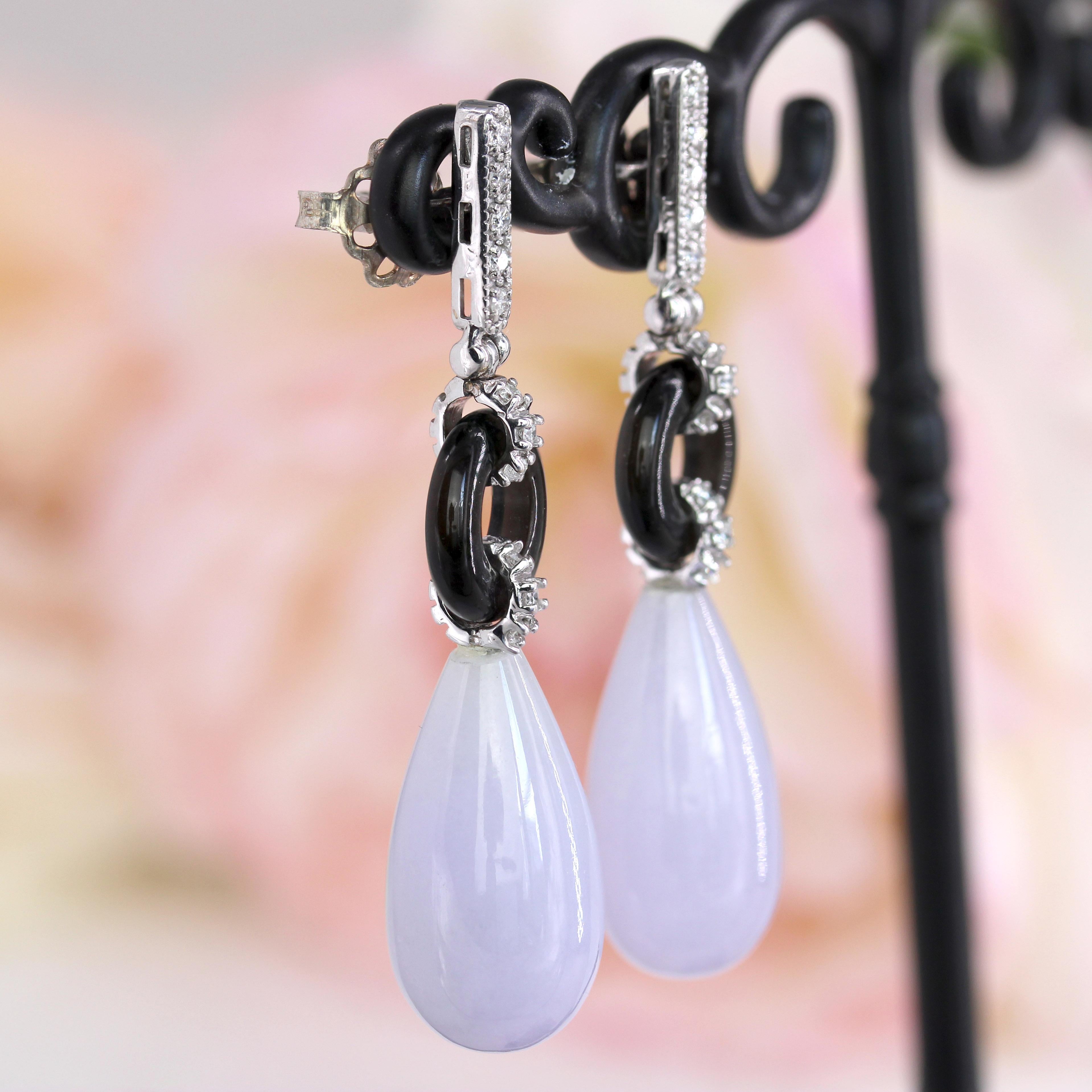 Nuovi orecchini pendenti in stile Art Deco in giada lavanda e onice con diamanti in oro bianco 18 K. in vendita 3