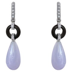 New Art Deco Style Lavender Jade Onyx Diamonds 18 K White Gold Dangle Earrings