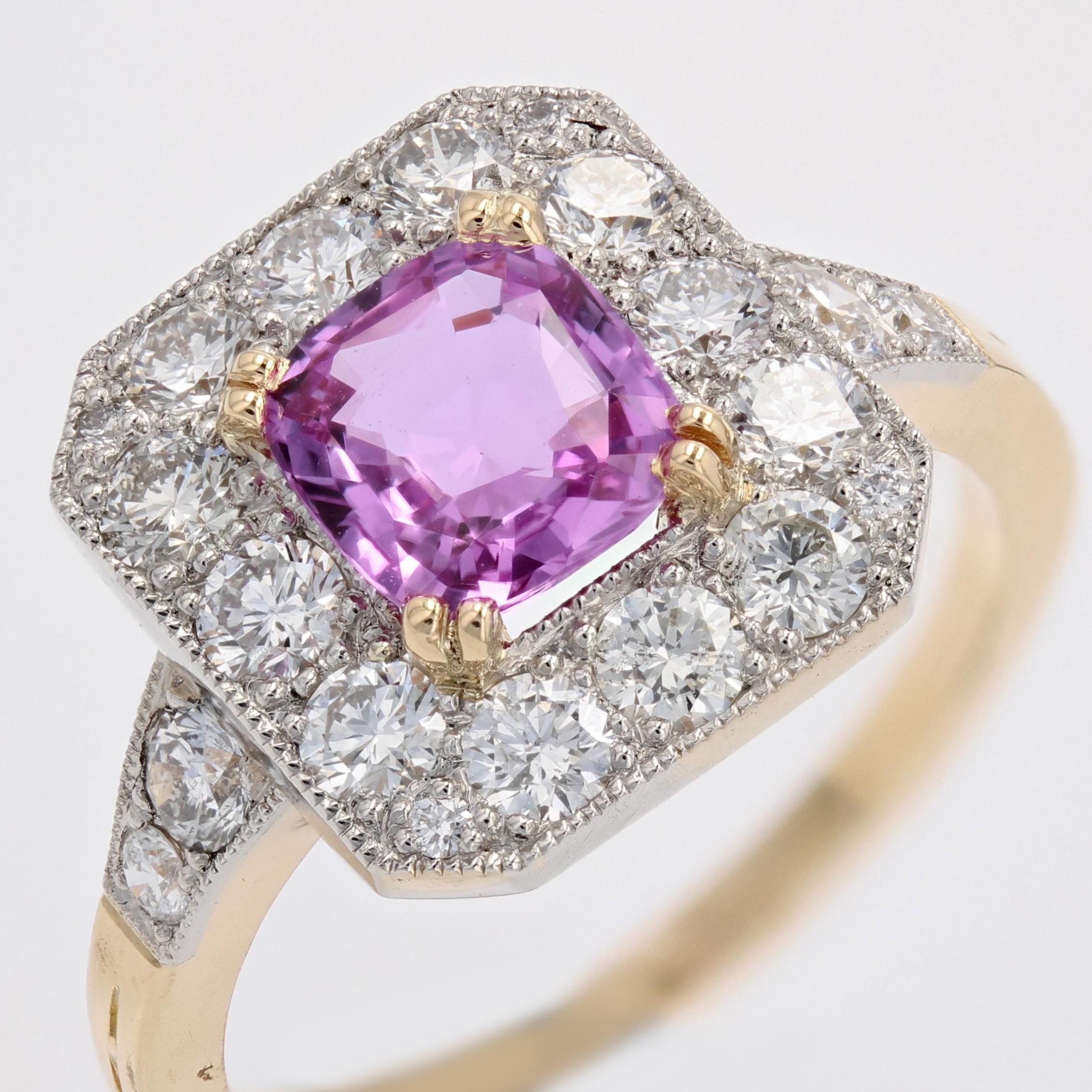 New Art Deco Style Pink Sapphire Diamonds 18 Karat Yellow Gold Platinum Ring For Sale 5