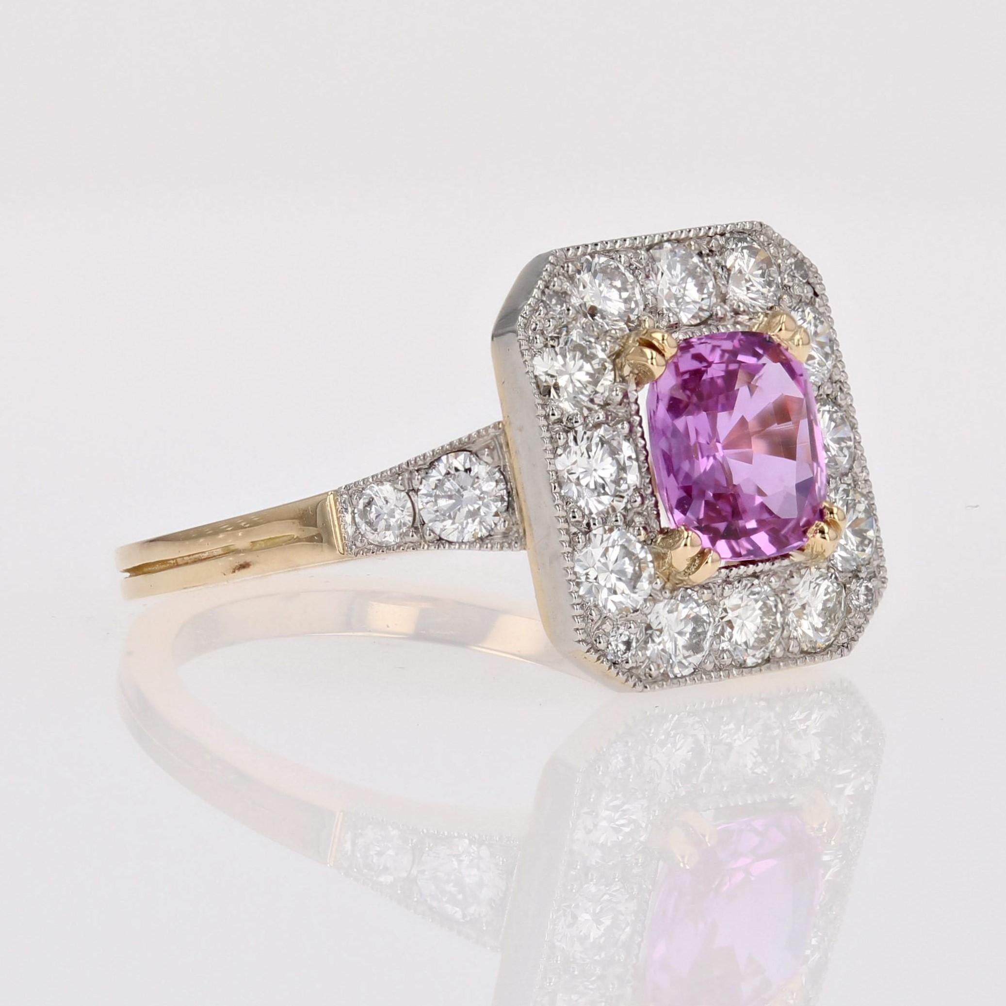 New Art Deco Style Pink Sapphire Diamonds 18 Karat Yellow Gold Platinum Ring For Sale 6