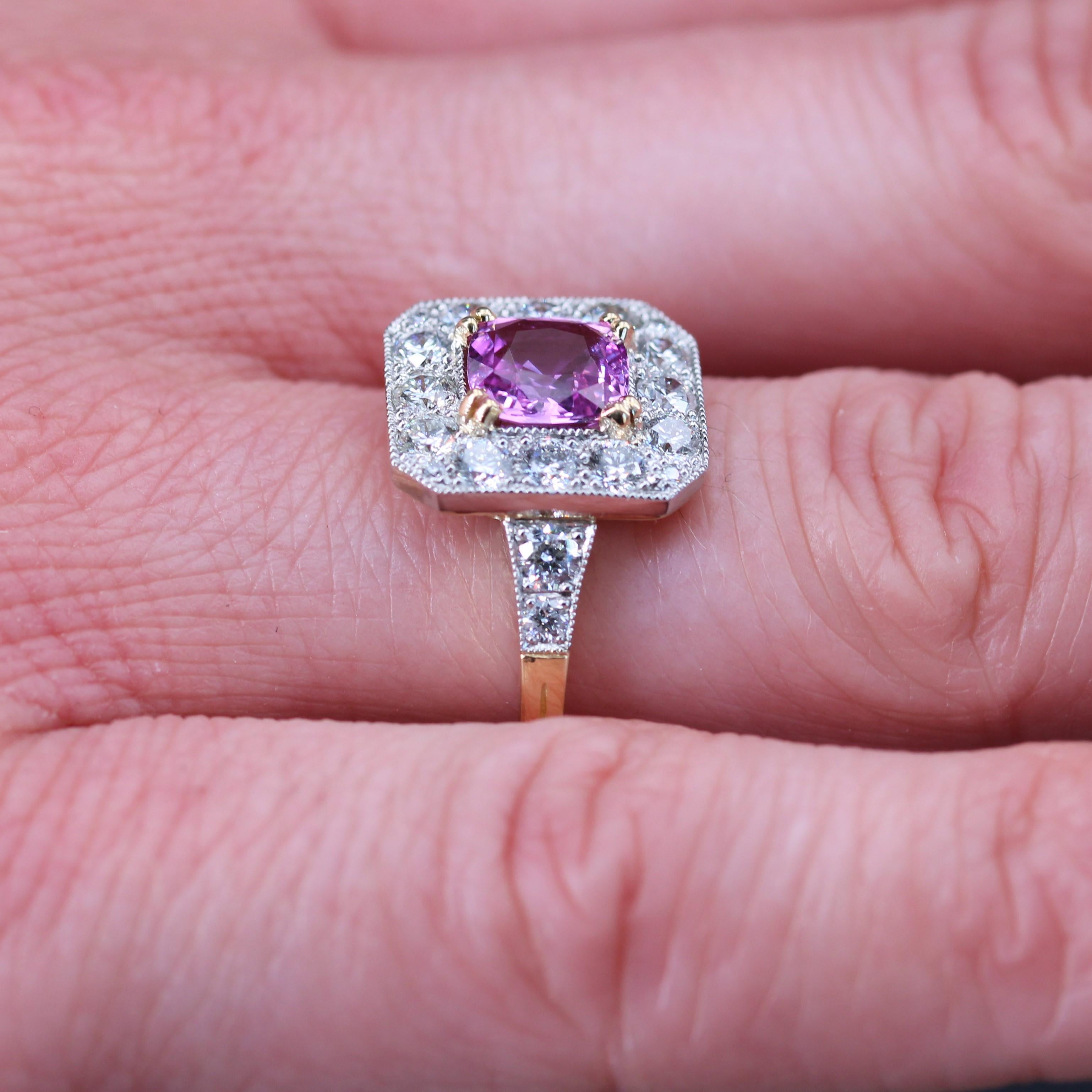 New Art Deco Style Pink Sapphire Diamonds 18 Karat Yellow Gold Platinum Ring For Sale 7