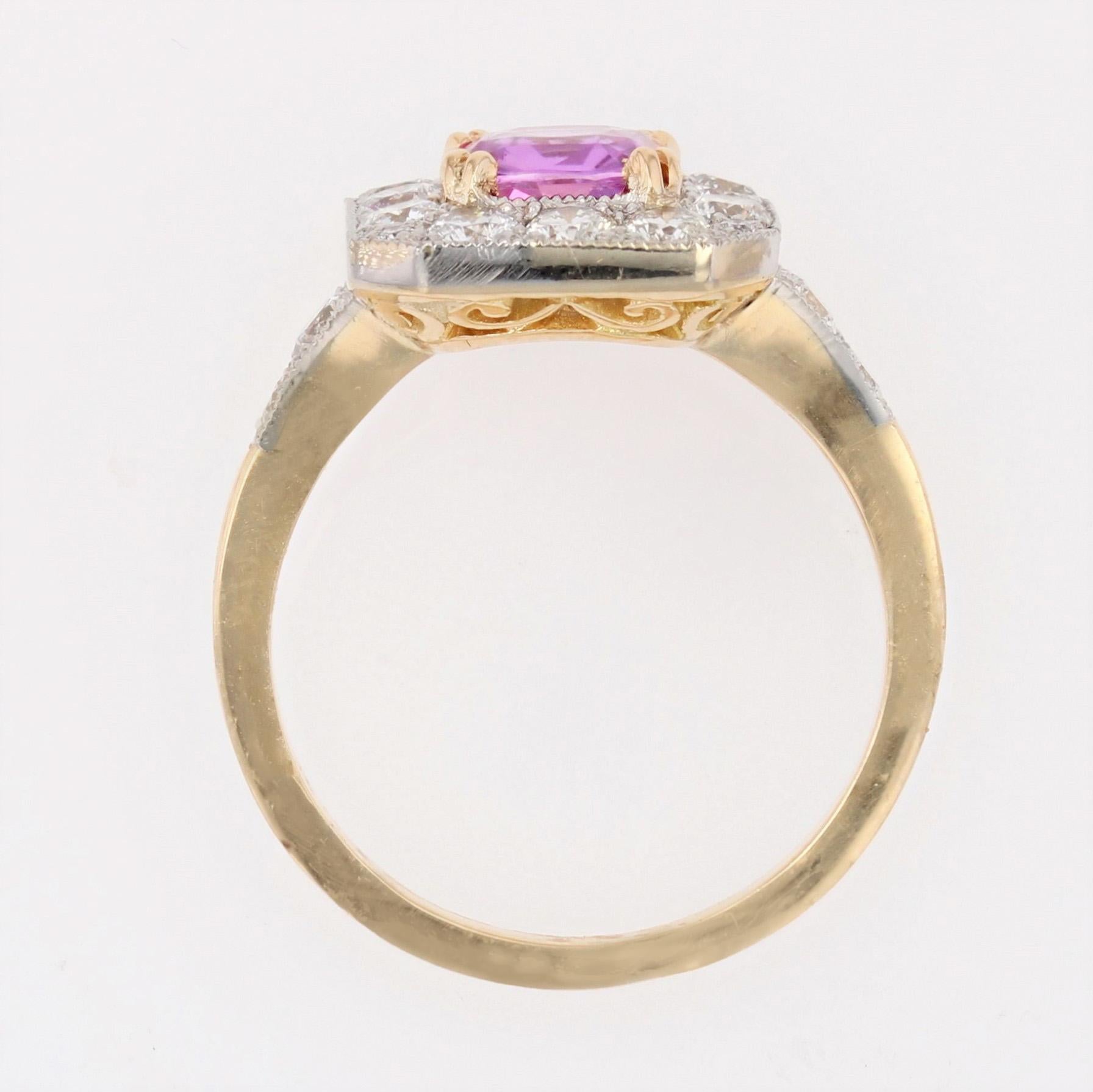 New Art Deco Style Pink Sapphire Diamonds 18 Karat Yellow Gold Platinum Ring For Sale 8