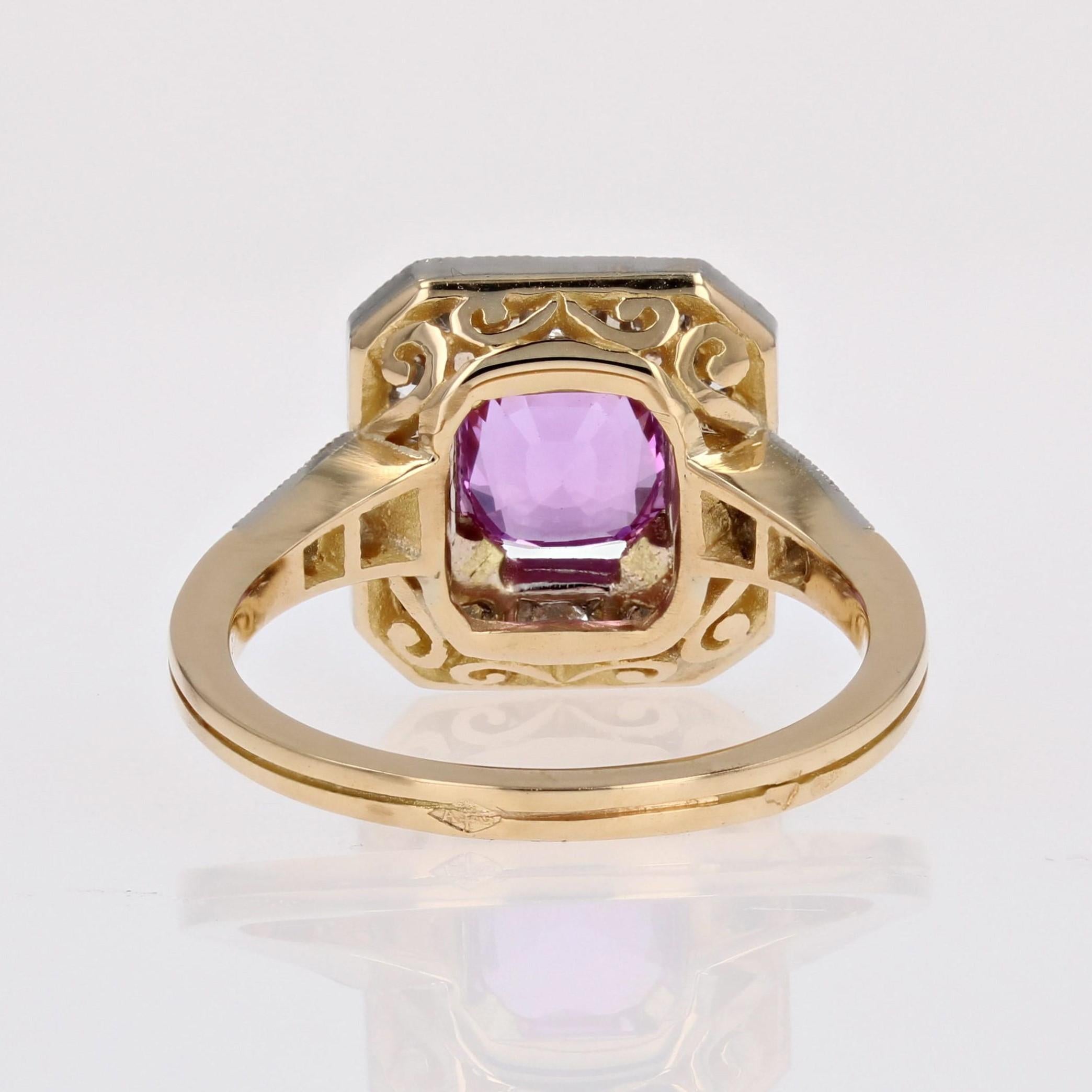 New Art Deco Style Pink Sapphire Diamonds 18 Karat Yellow Gold Platinum Ring For Sale 9