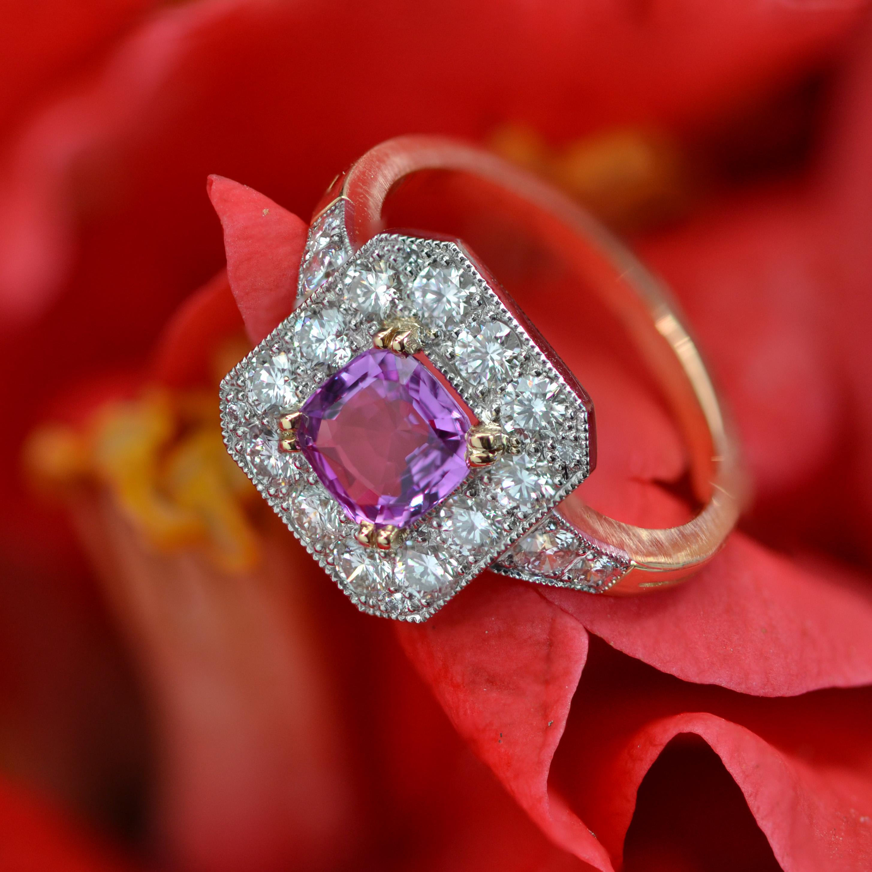 Cushion Cut New Art Deco Style Pink Sapphire Diamonds 18 Karat Yellow Gold Platinum Ring For Sale
