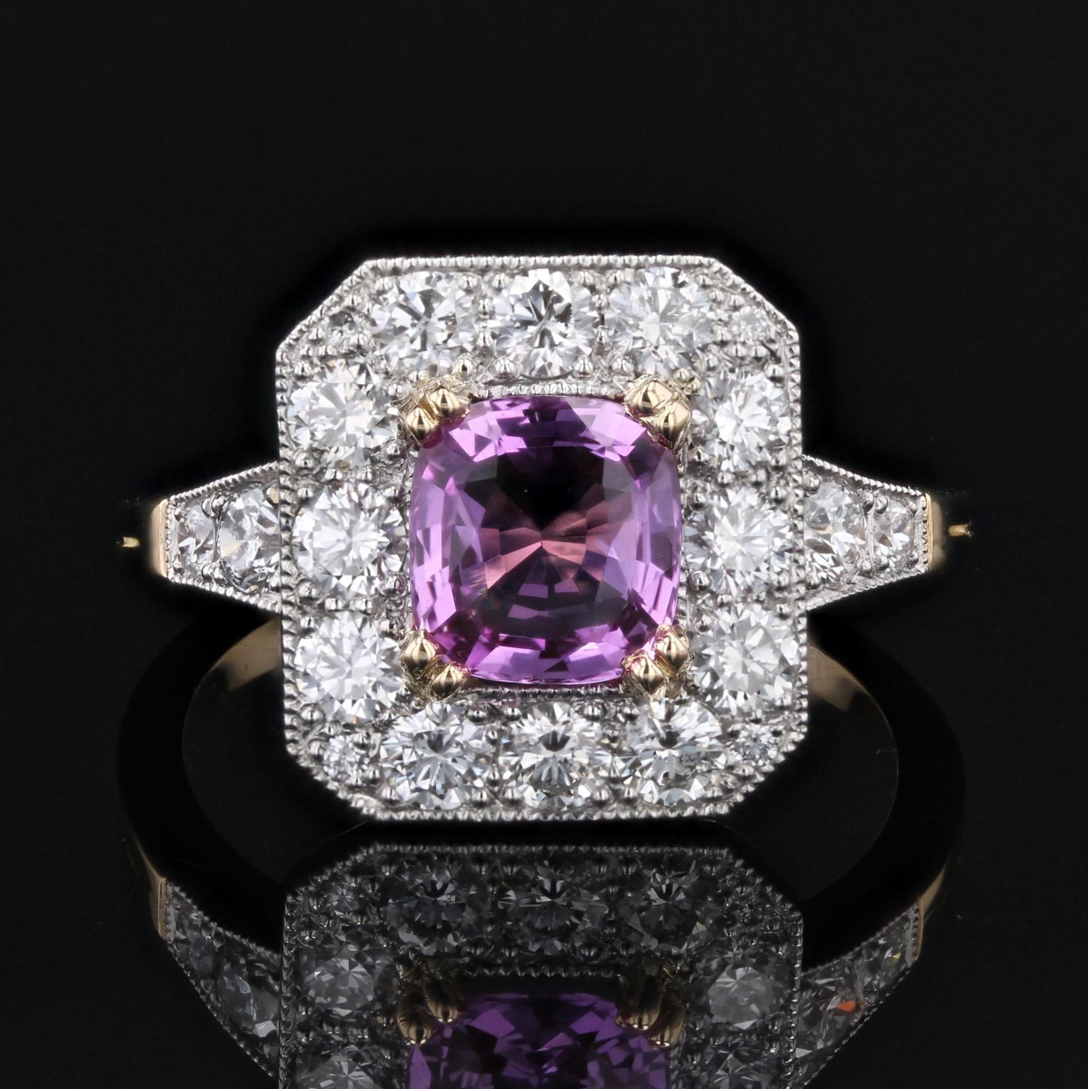 Women's New Art Deco Style Pink Sapphire Diamonds 18 Karat Yellow Gold Platinum Ring For Sale