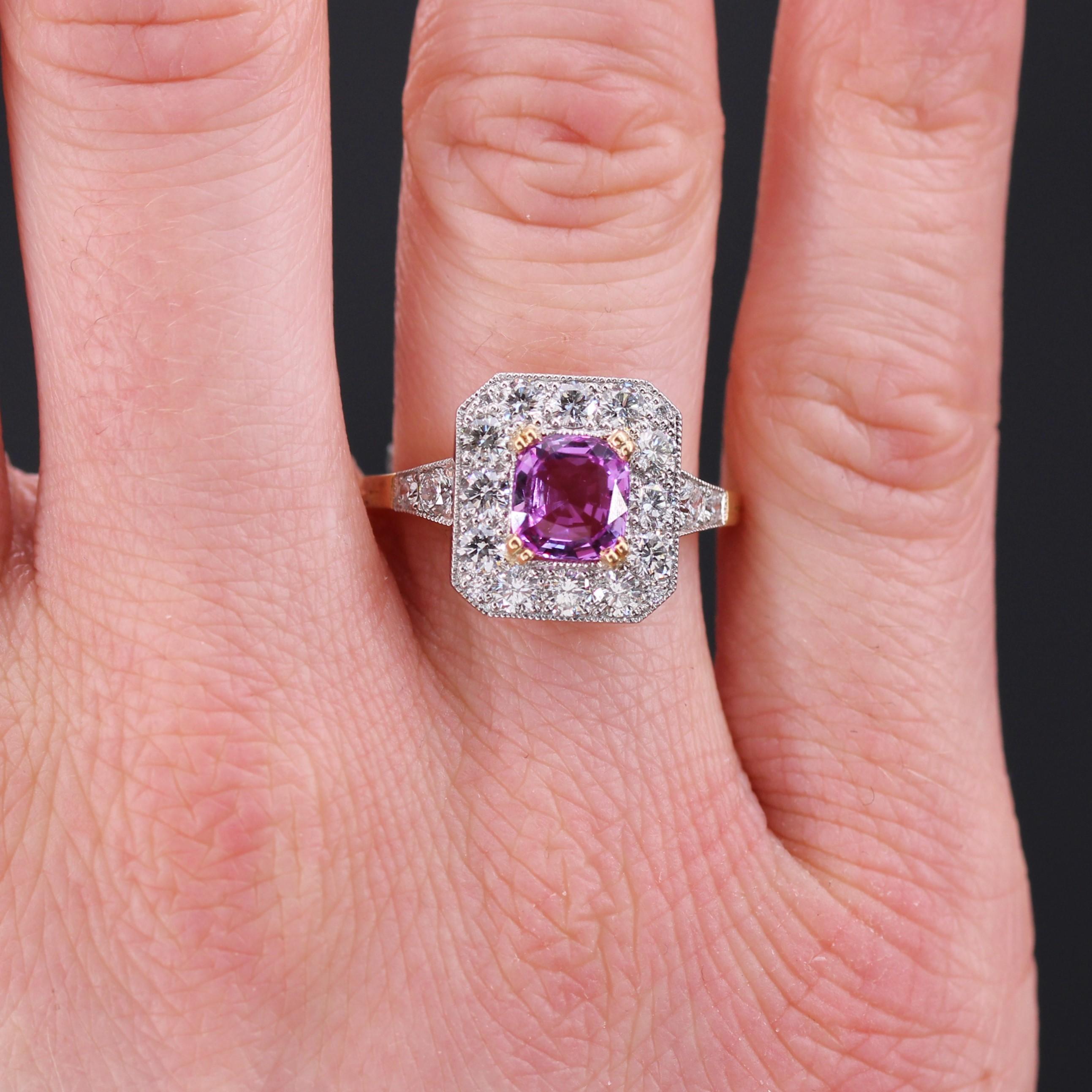 New Art Deco Style Pink Sapphire Diamonds 18 Karat Yellow Gold Platinum Ring For Sale 1