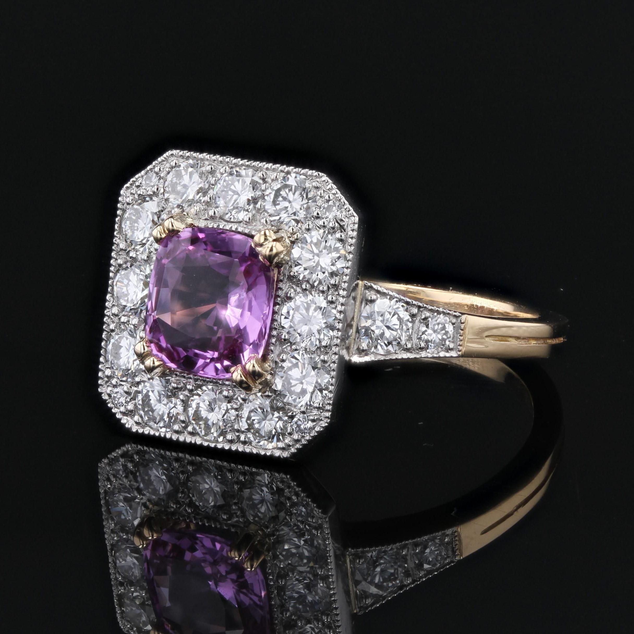 New Art Deco Style Pink Sapphire Diamonds 18 Karat Yellow Gold Platinum Ring For Sale 2