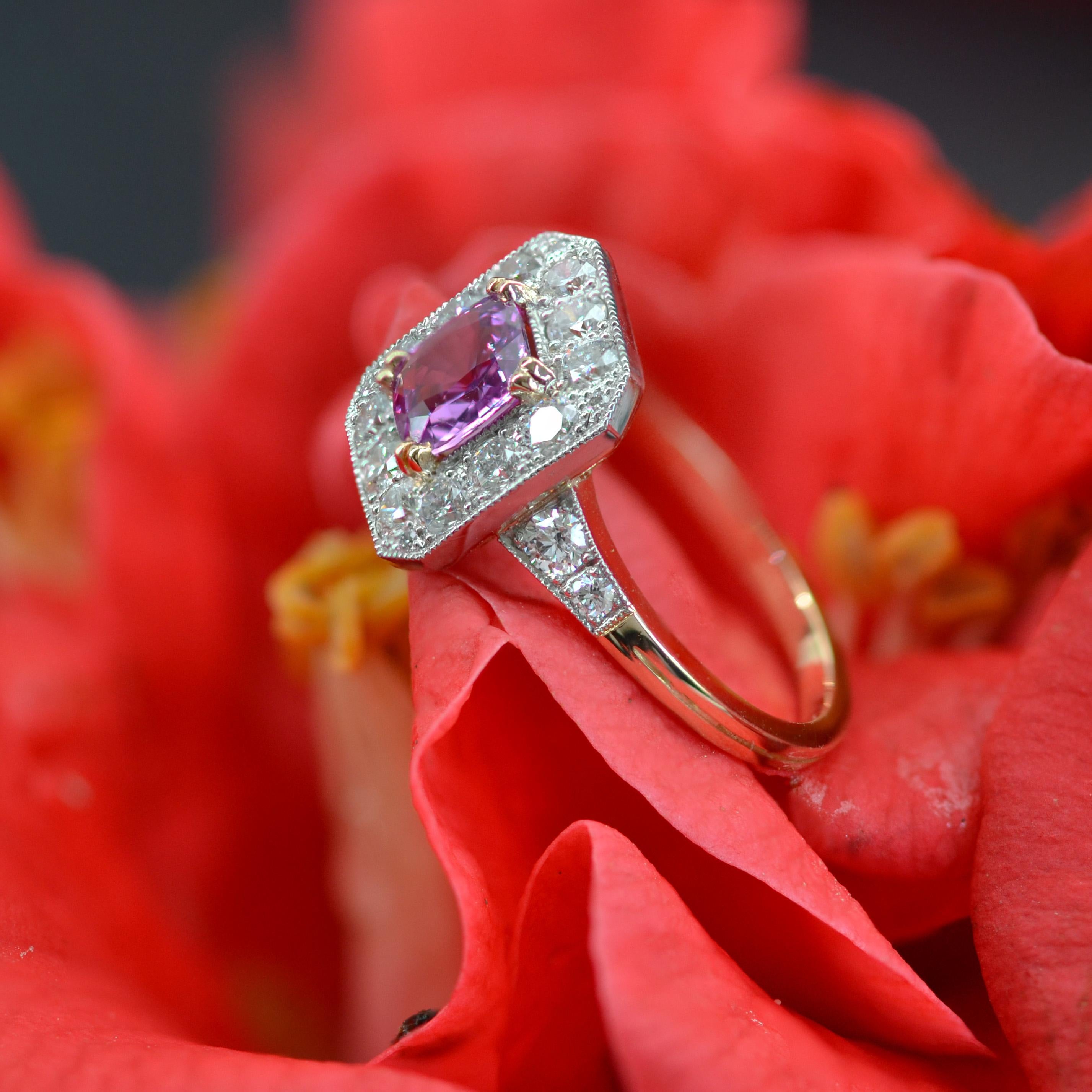 New Art Deco Style Pink Sapphire Diamonds 18 Karat Yellow Gold Platinum Ring For Sale 3