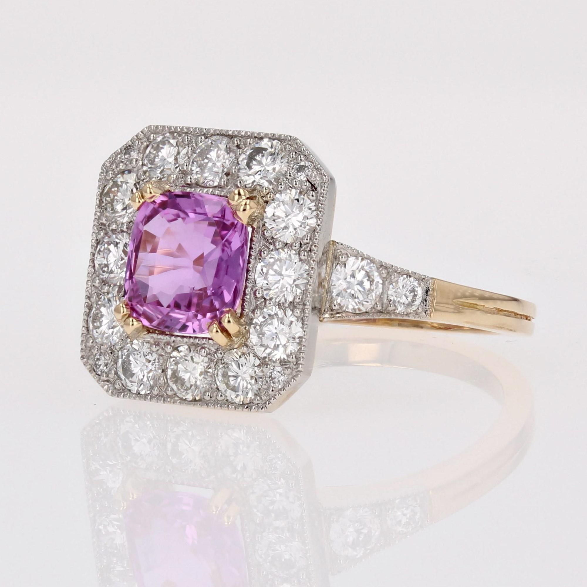 New Art Deco Style Pink Sapphire Diamonds 18 Karat Yellow Gold Platinum Ring For Sale 4