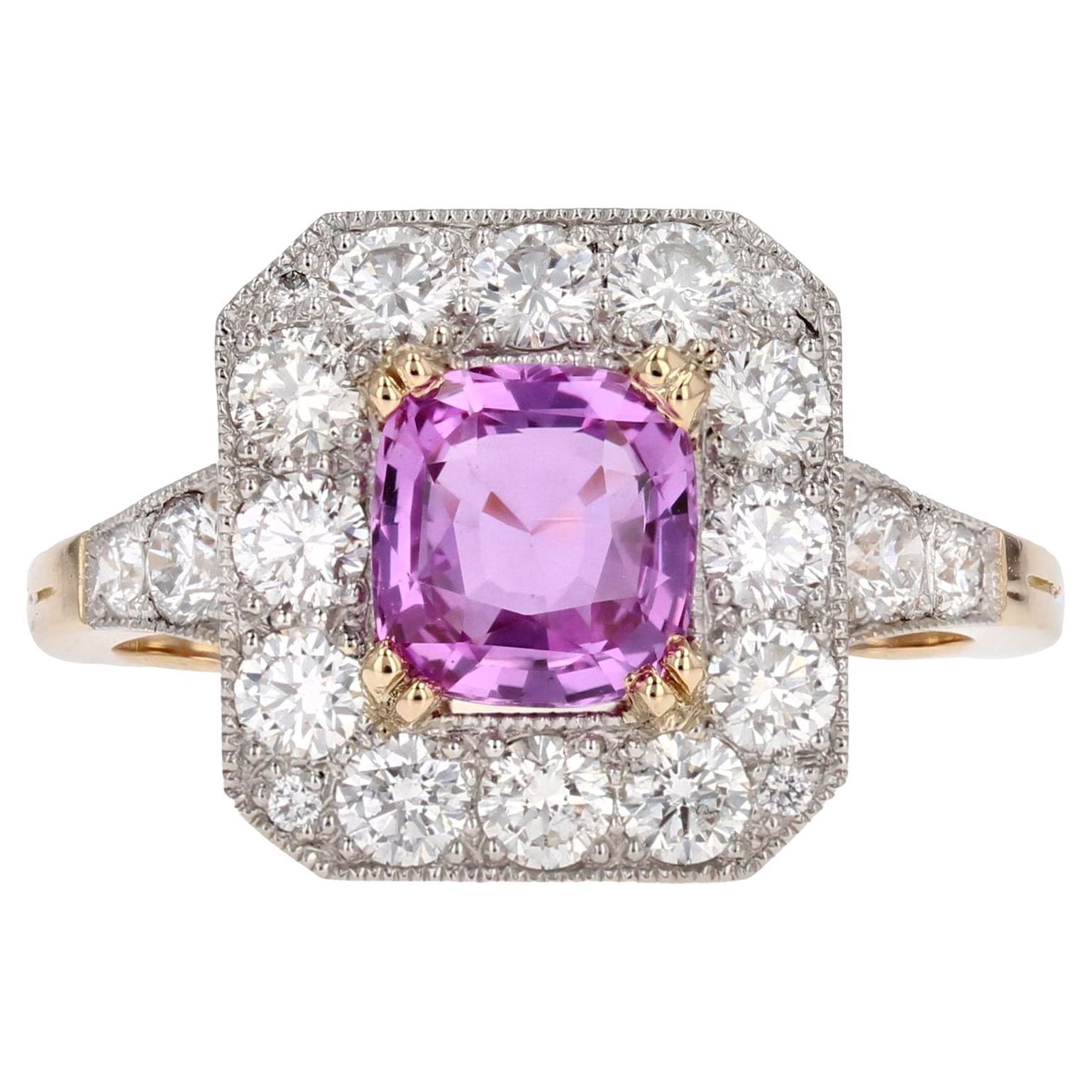New Art Deco Style Pink Sapphire Diamonds 18 Karat Yellow Gold Platinum Ring For Sale