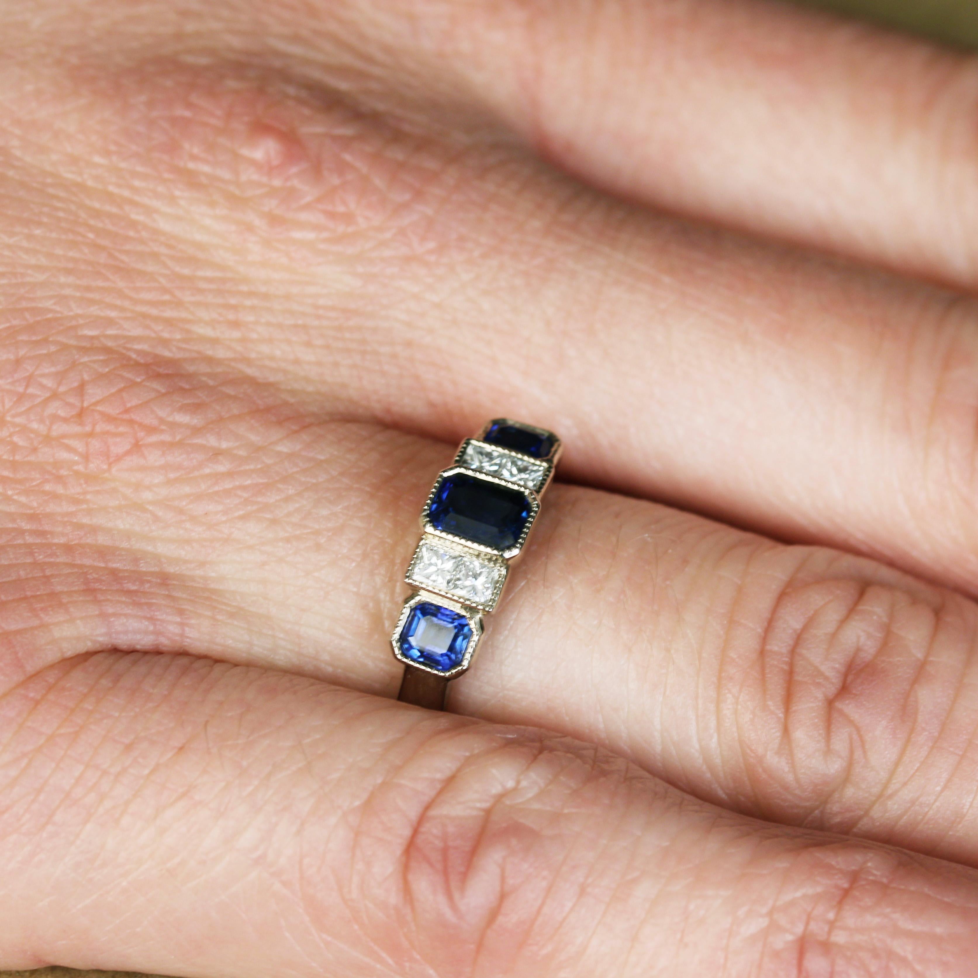 New Art Deco Style Sapphires Diamonds 18 Karat White Gold Garter Ring For Sale 5