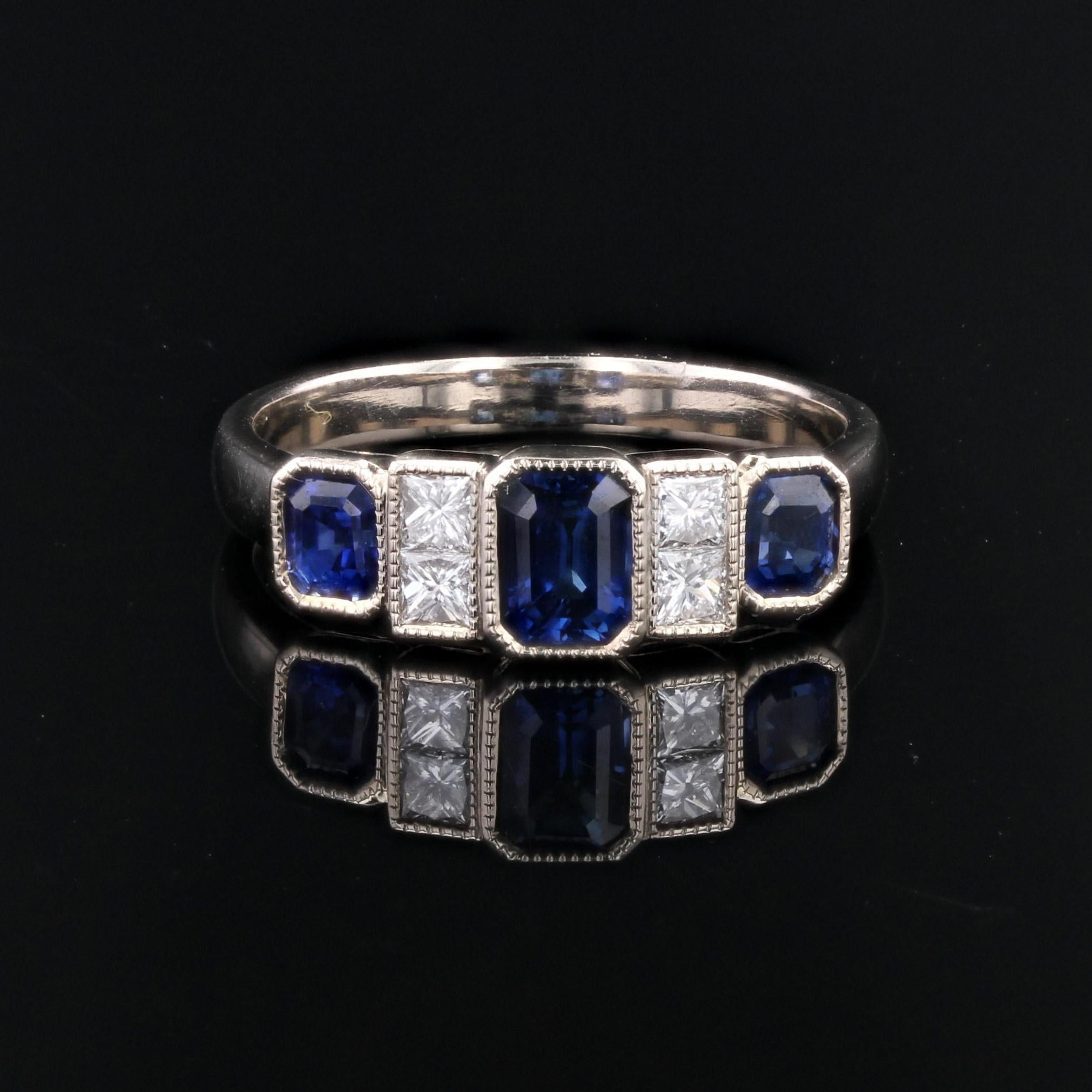Princess Cut New Art Deco Style Sapphires Diamonds 18 Karat White Gold Garter Ring For Sale