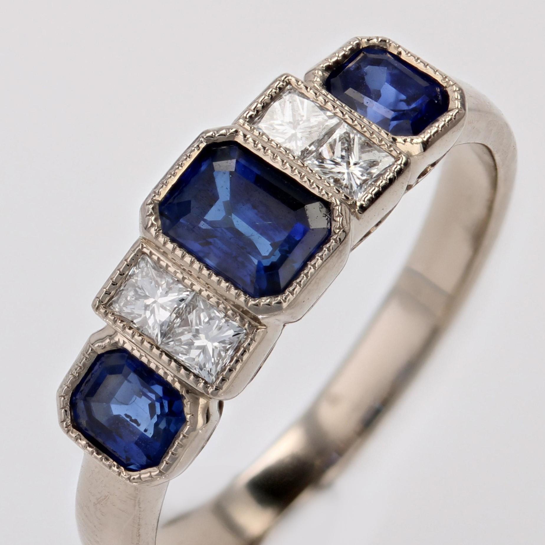 New Art Deco Style Sapphires Diamonds 18 Karat White Gold Garter Ring For Sale 2