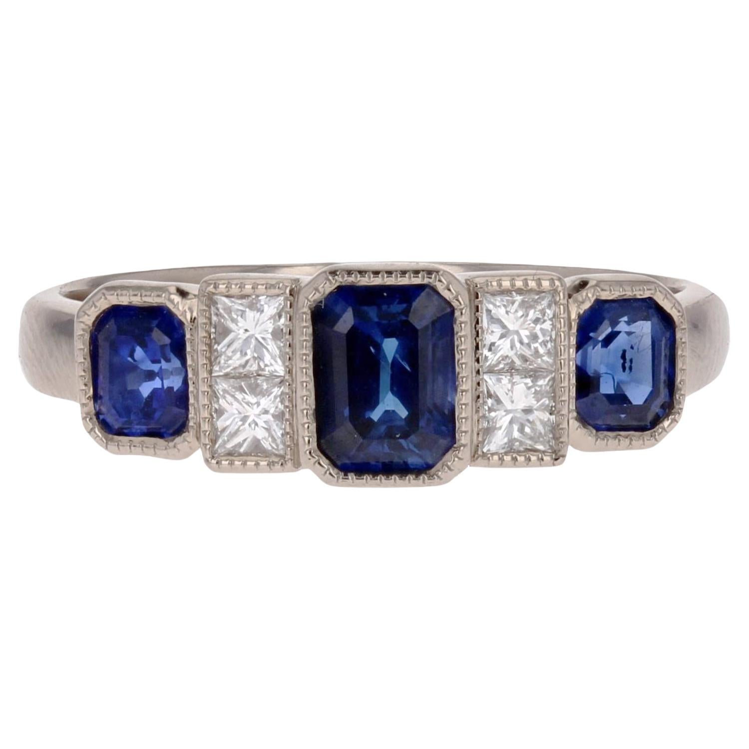 New Art Deco Style Sapphires Diamonds 18 Karat White Gold Garter Ring