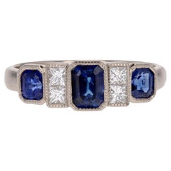 New Art Deco Style Sapphires Diamonds 18 Karat White Gold Garter Ring