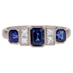 New Art Deco Style Sapphires Diamonds 18 Karat White Gold Garter Ring