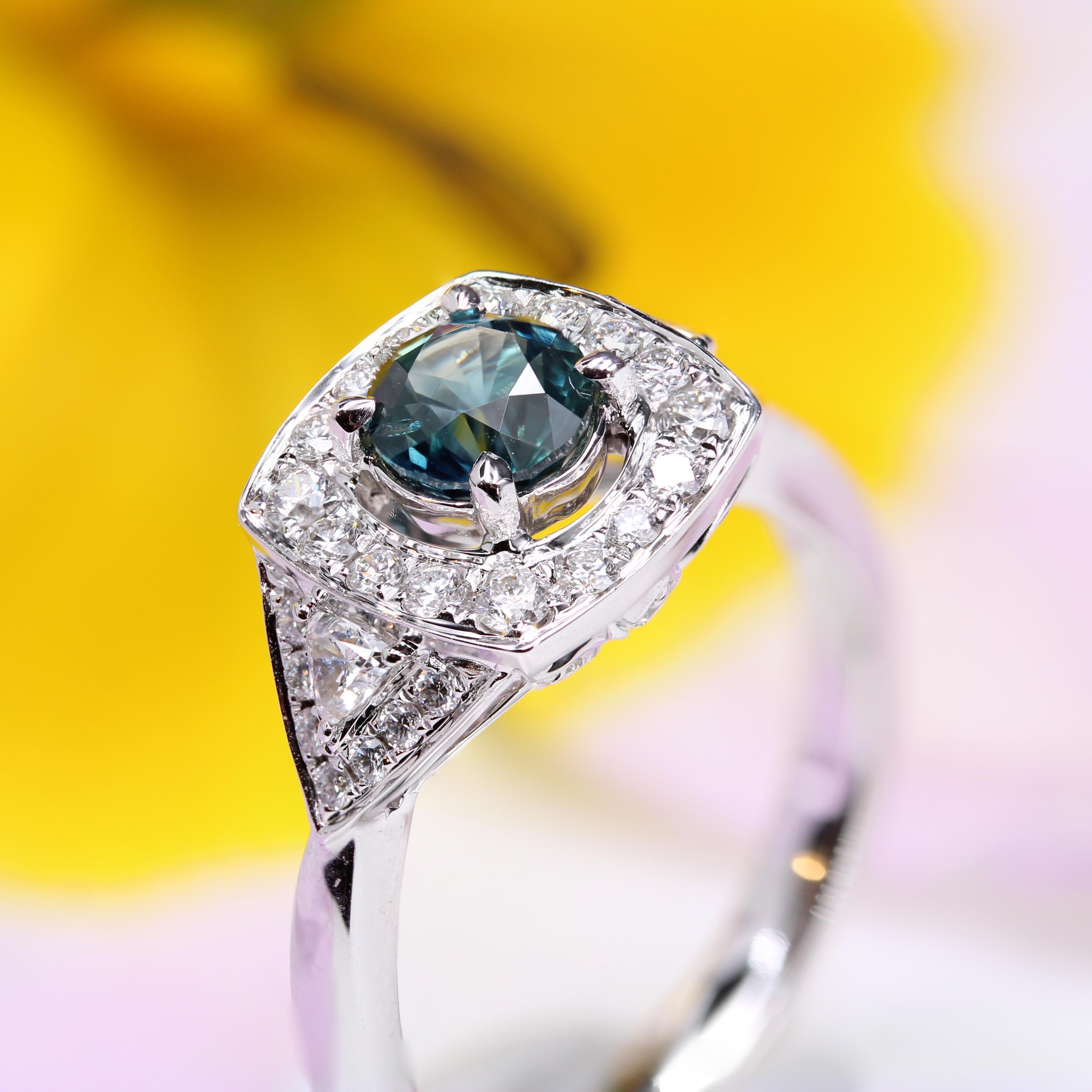 New Art Deco Style Teal Sapphire Diamonds 18 Karat White Gold Cluster Ring For Sale 5