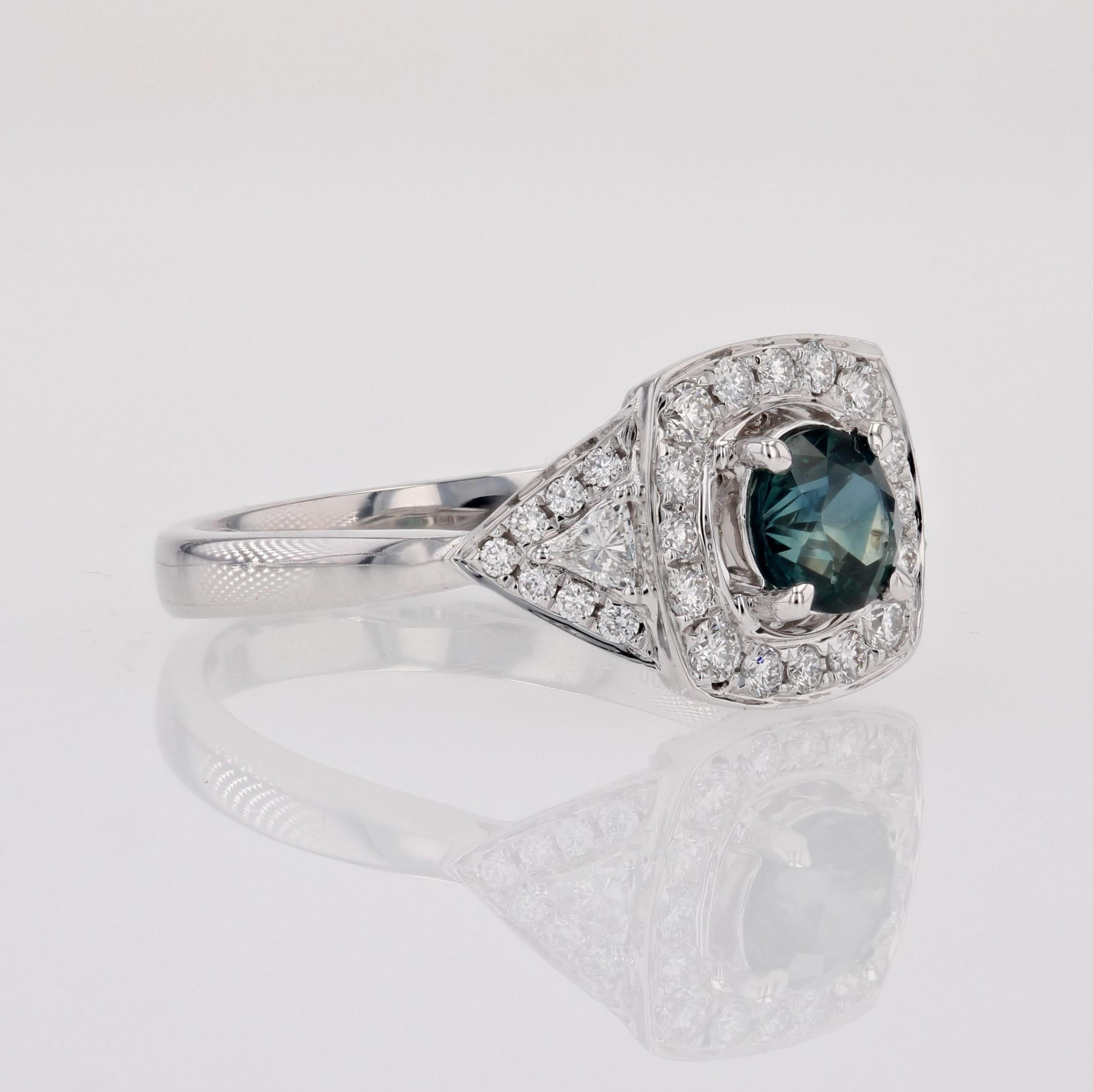 New Art Deco Style Teal Sapphire Diamonds 18 Karat White Gold Cluster Ring For Sale 6