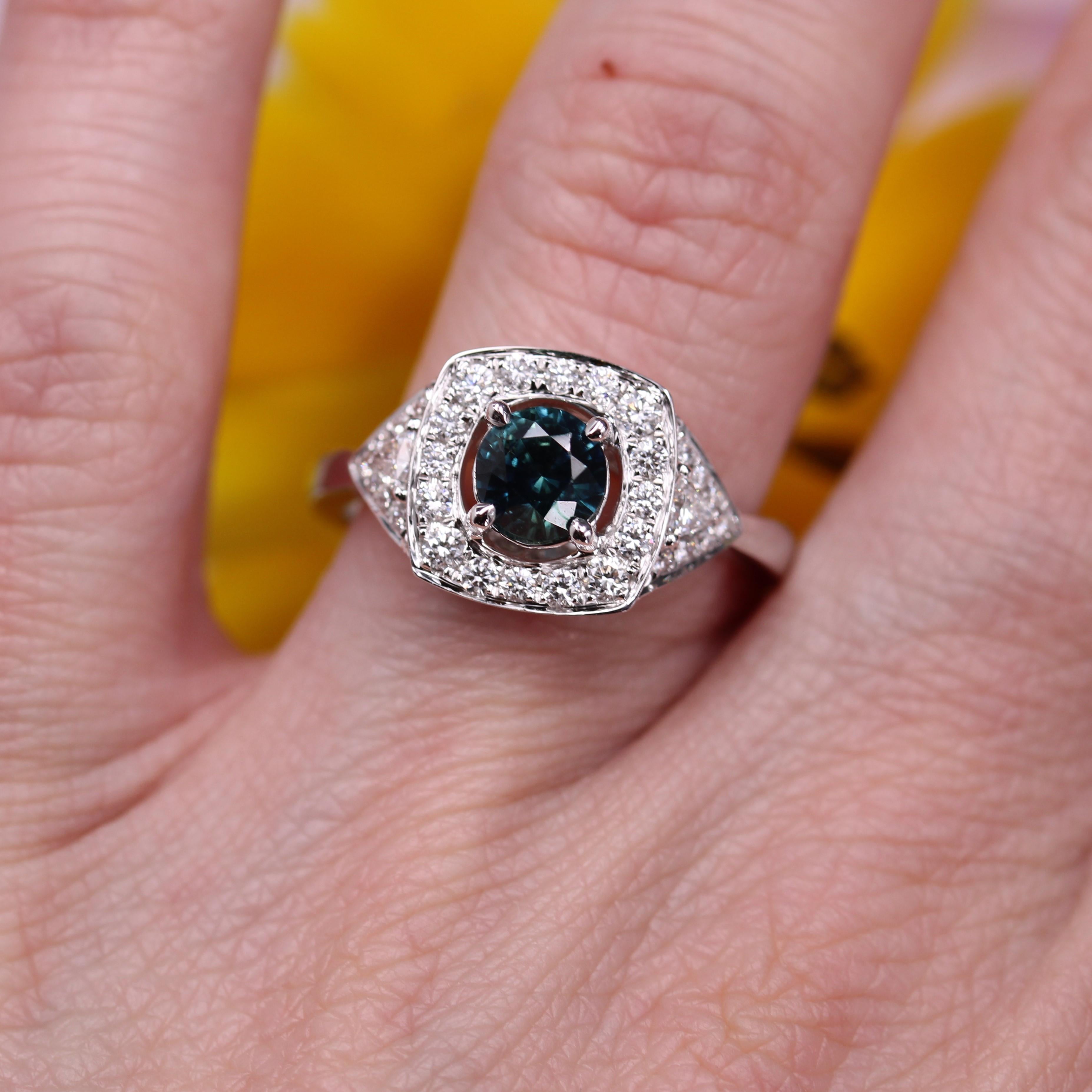 New Art Deco Style Teal Sapphire Diamonds 18 Karat White Gold Cluster Ring For Sale 8