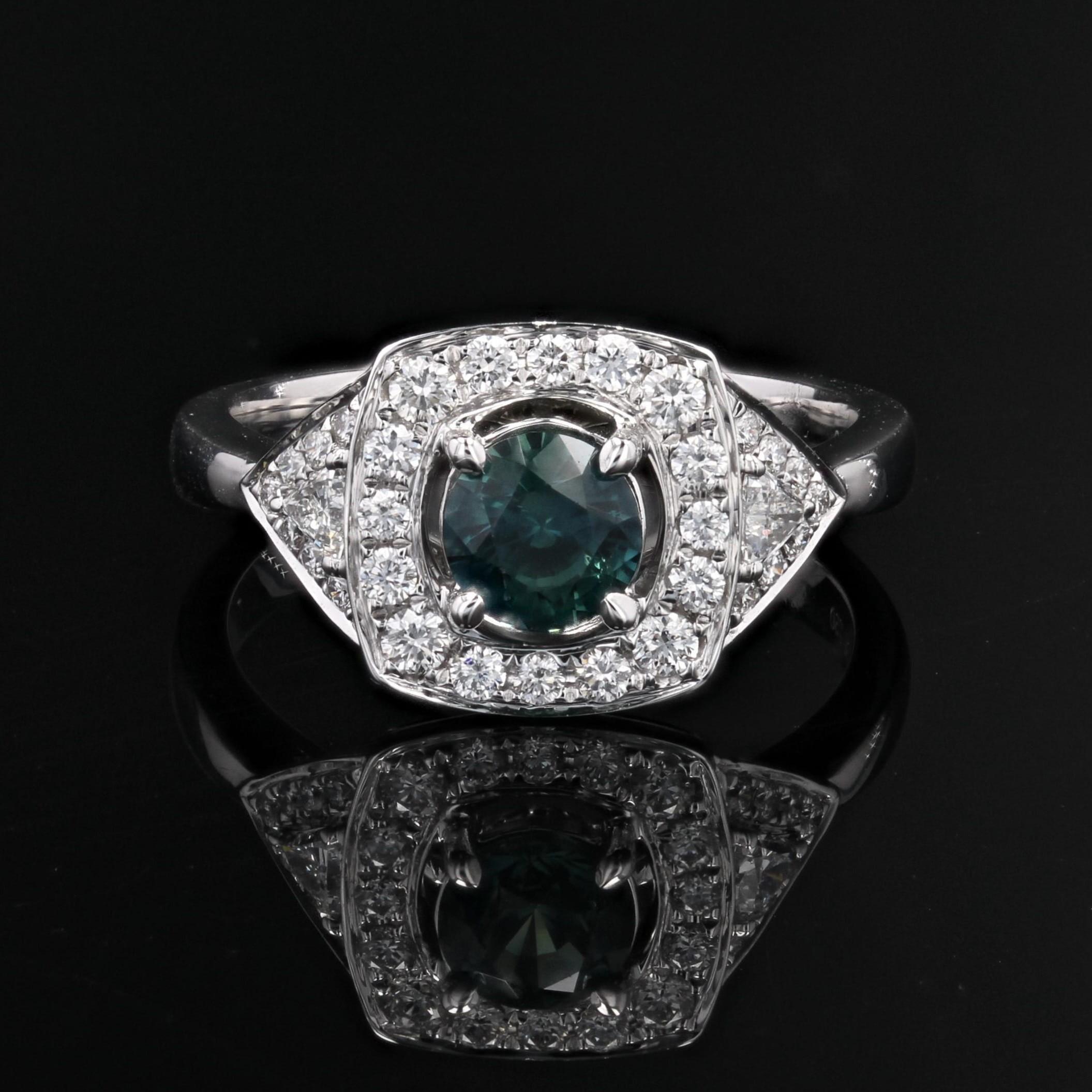 Women's New Art Deco Style Teal Sapphire Diamonds 18 Karat White Gold Cluster Ring For Sale