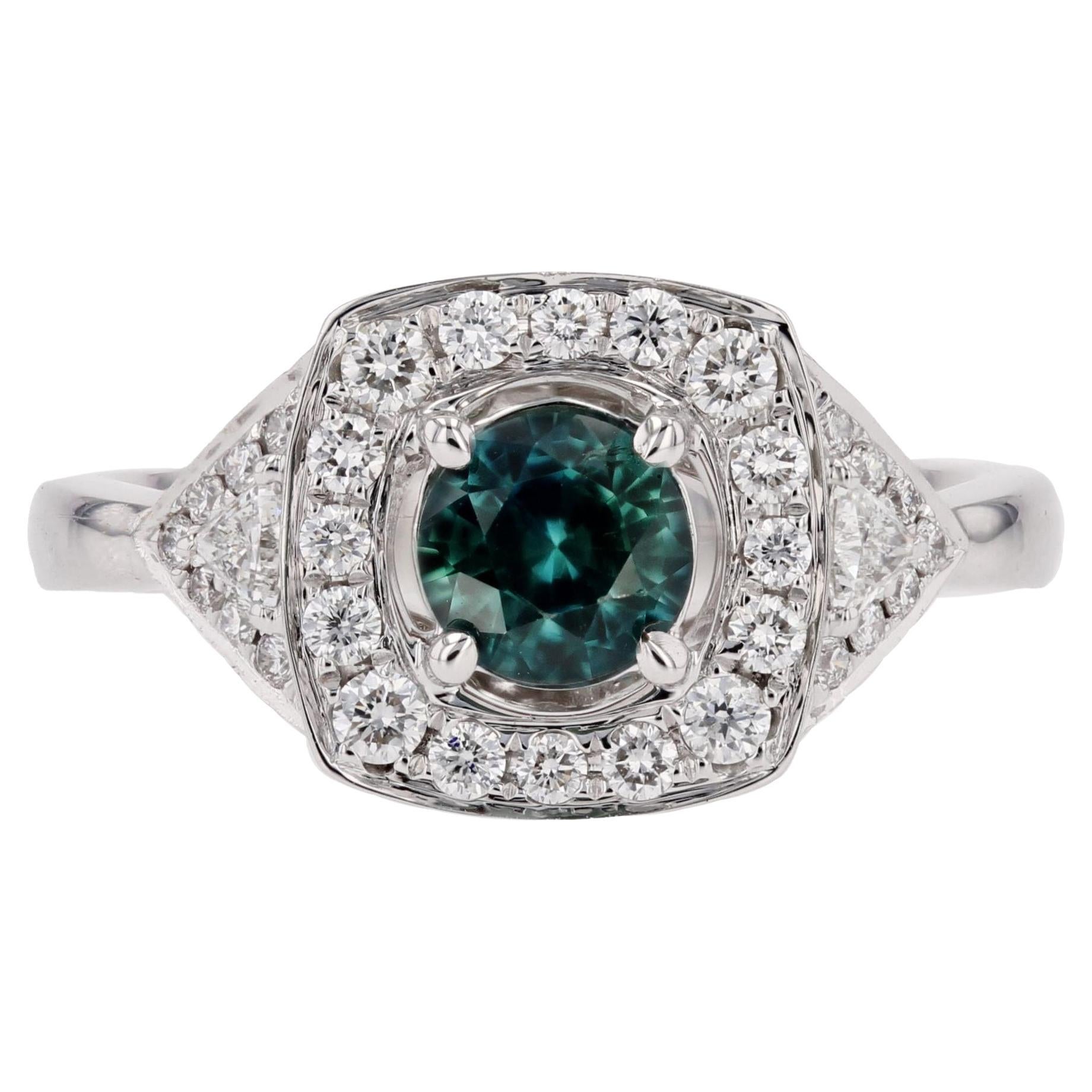New Art Deco Style Teal Sapphire Diamonds 18 Karat White Gold Cluster Ring For Sale