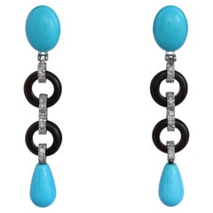 New Art Deco Style Turquoise Onyx Diamonds 18 K White Gold Dangle Earrings