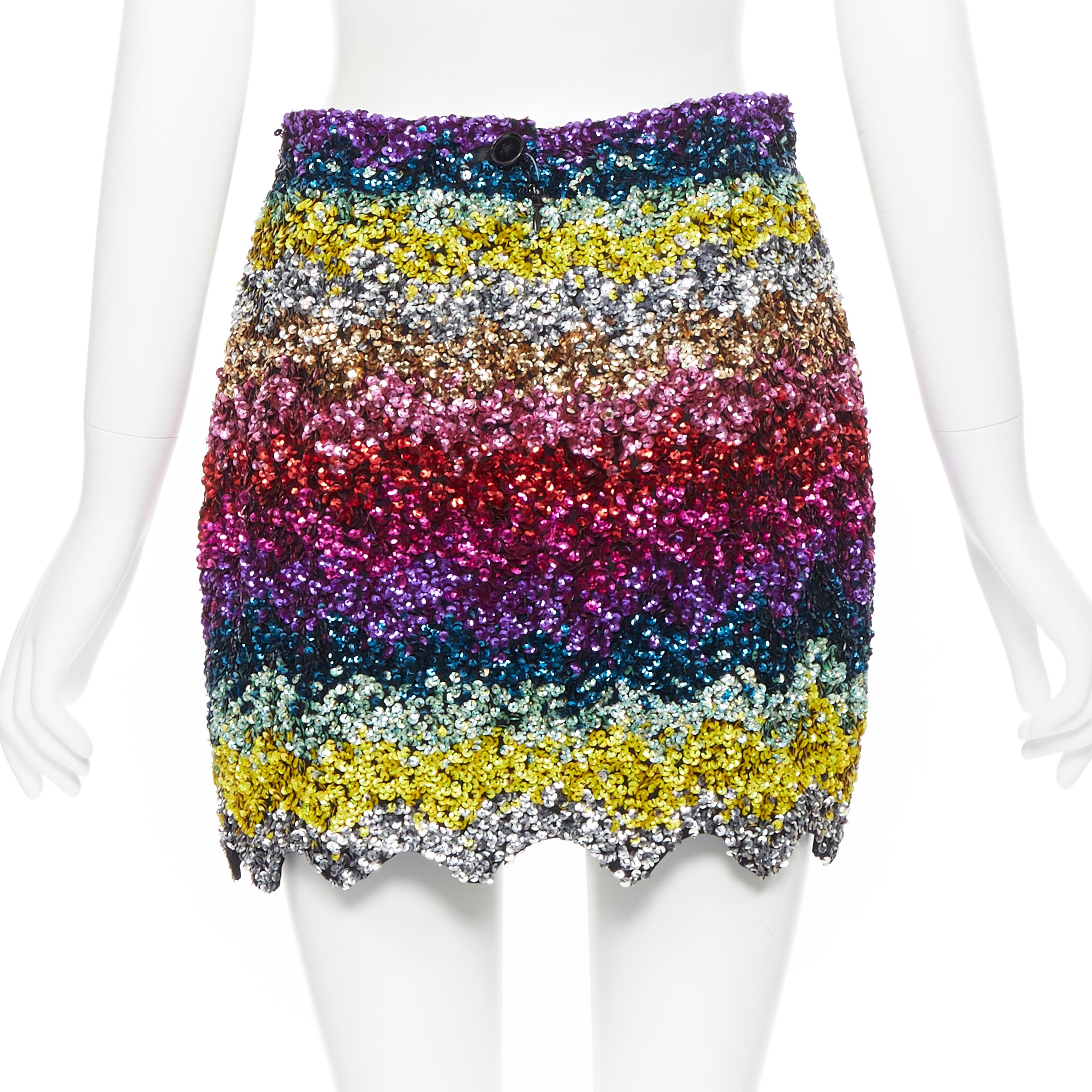 Beige new ASHISH AW18 rainbow sequins embellished scalloped hem mini skirt M