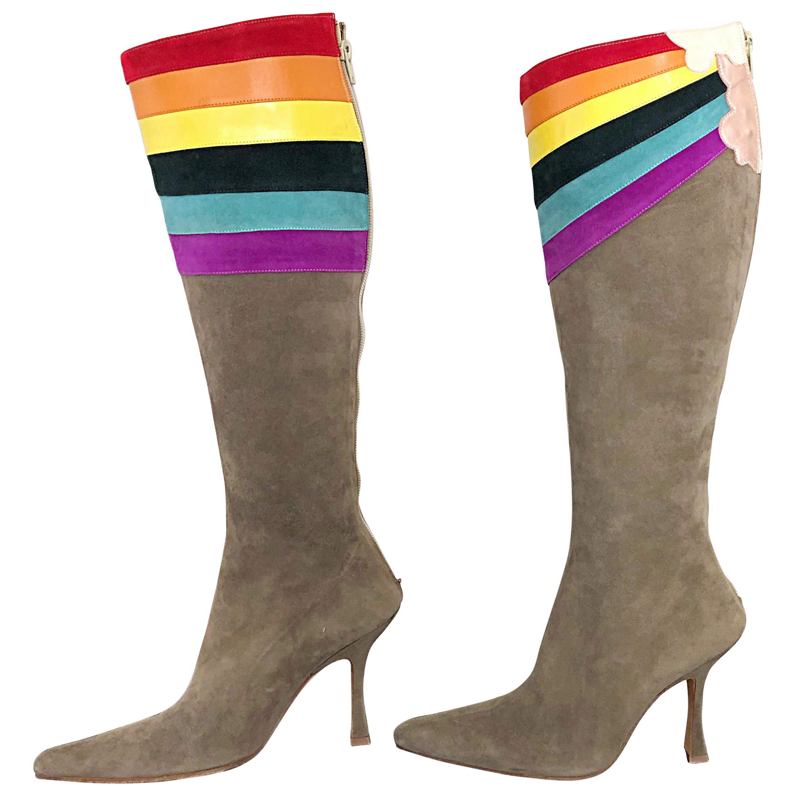 Amazing, rare impossible to find Ashley Dearborn 'Pegasus' taupe rainbow GAY PRIDE suede leather knee high heeled boots! From Dearborn's debut collection in 2009, these boots sold out immediately! Perfect taupe color matches everything. And, the