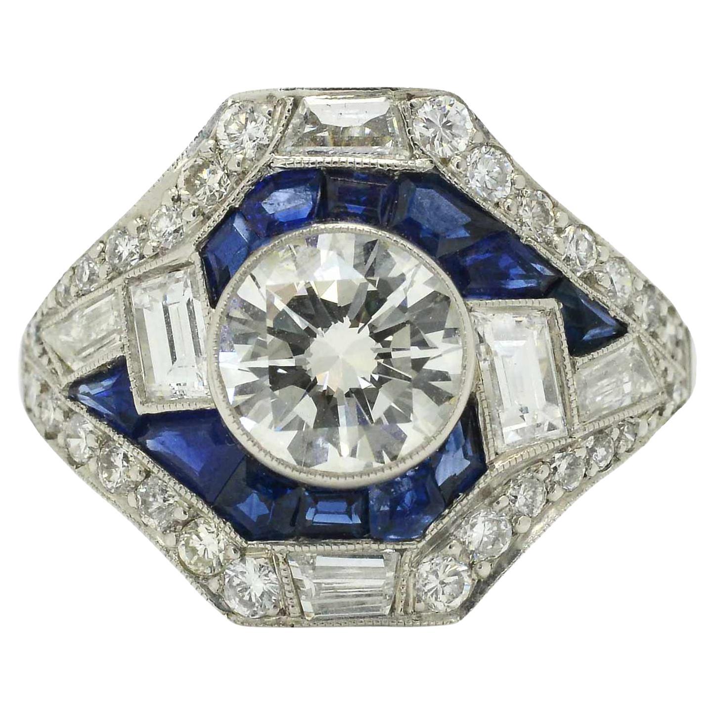 New Asymmetric Art Deco Style Diamond Sapphire Engagement Ring Cocktail Design