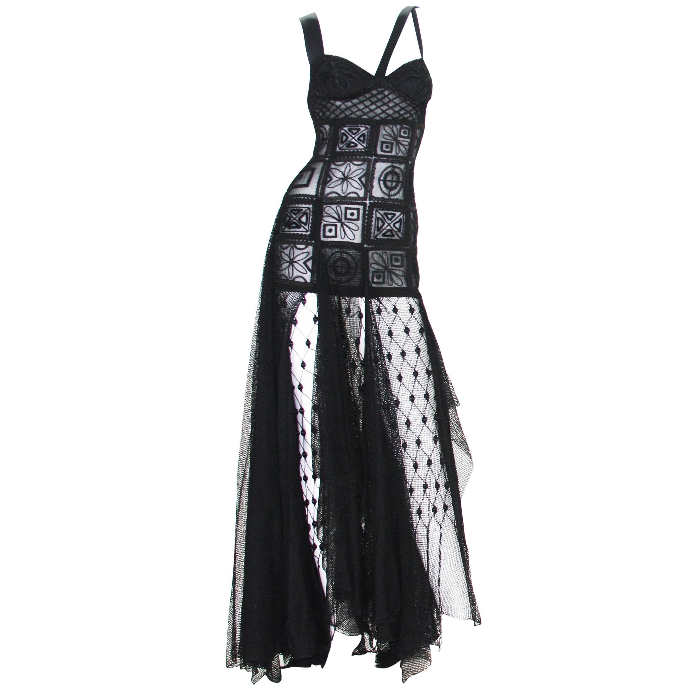 New Atelier Versace F/W 1993 Sheer Black Net Embroidered Dress Gown