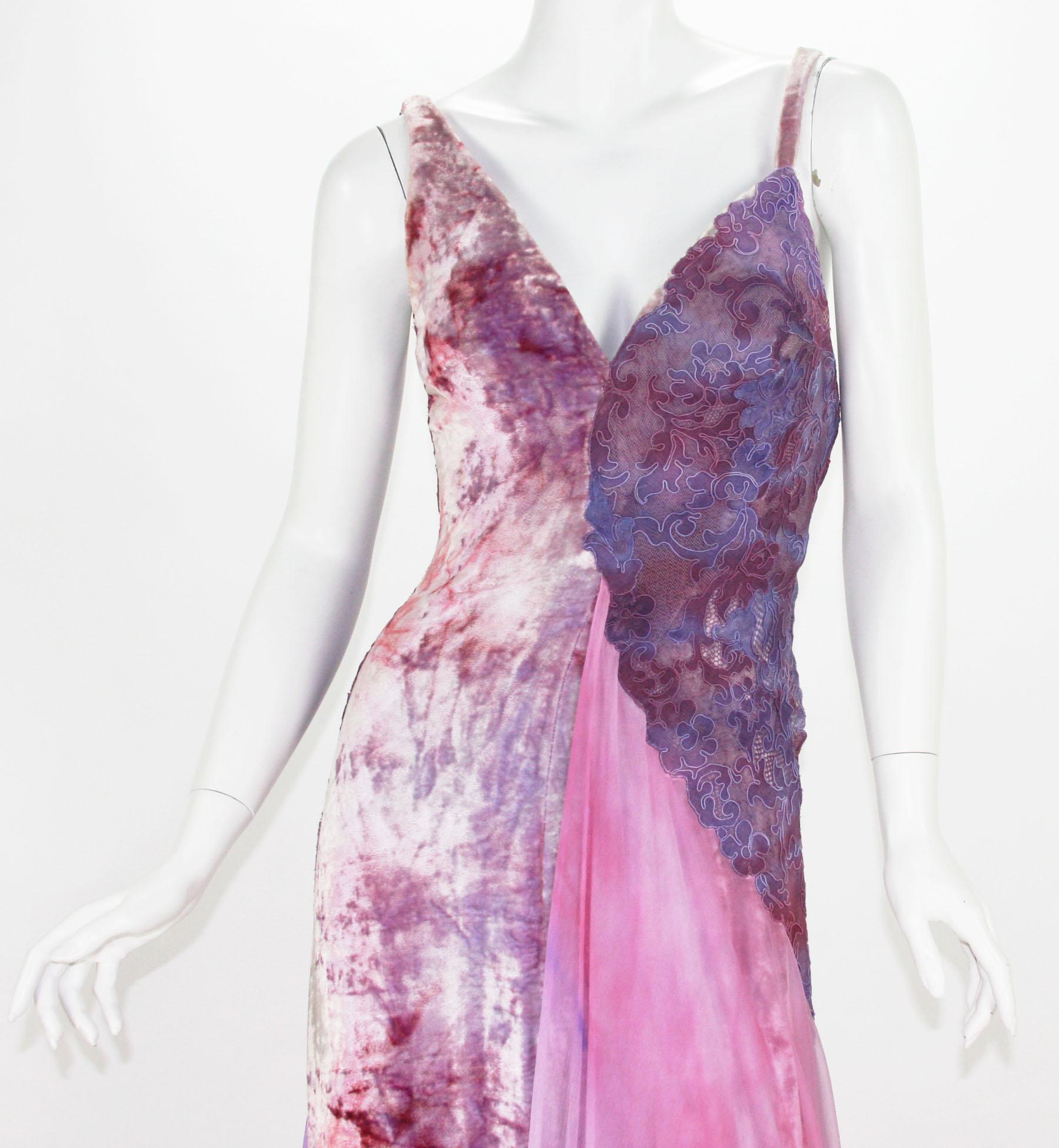 Women's New Atelier Versace S/S 1994 Collection Velvet Lace Purple Pink Dress Gown  For Sale