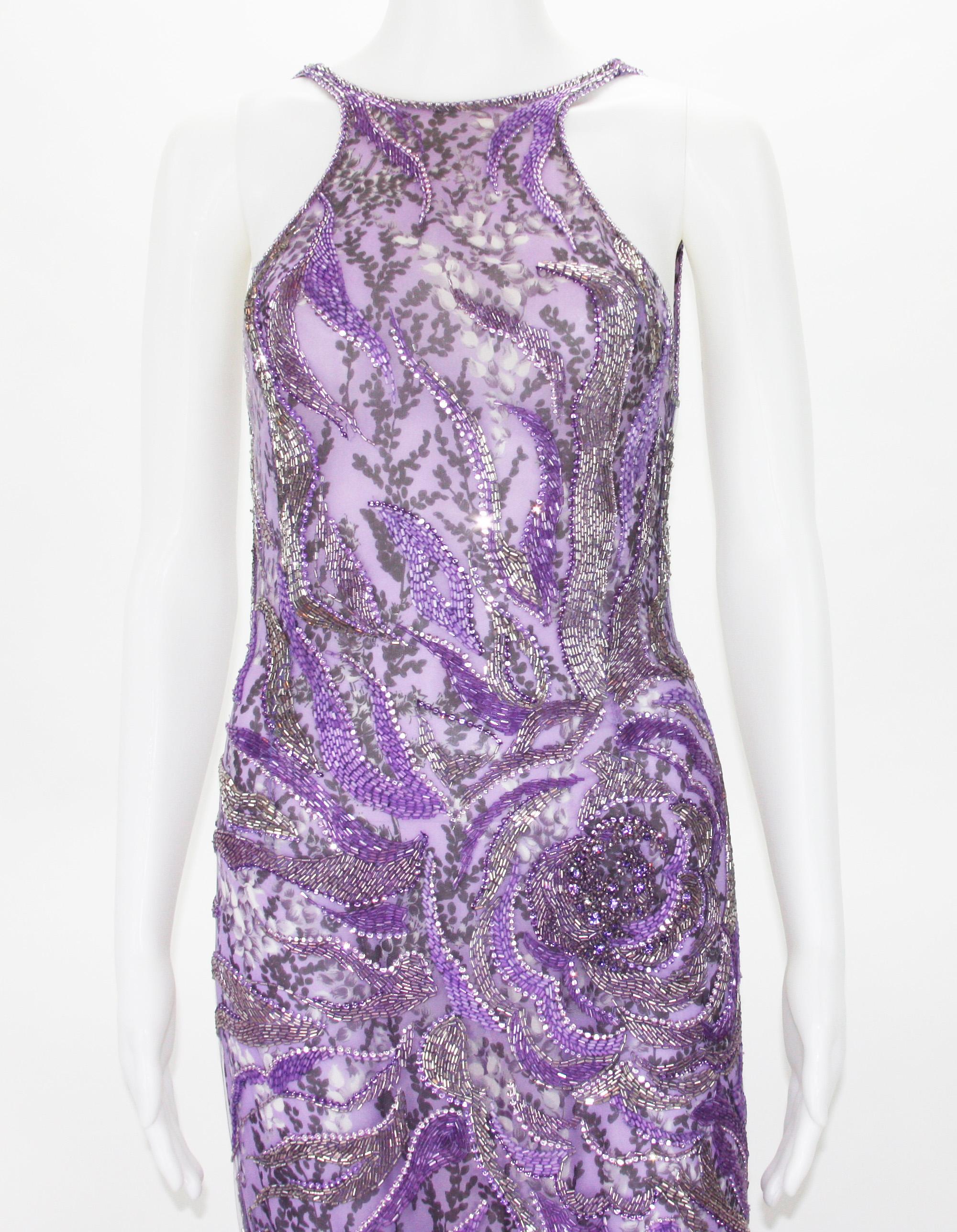 New Atelier Versace Wisteria Purple Silk Fully Beaded Dress Gown In New Condition For Sale In Montgomery, TX
