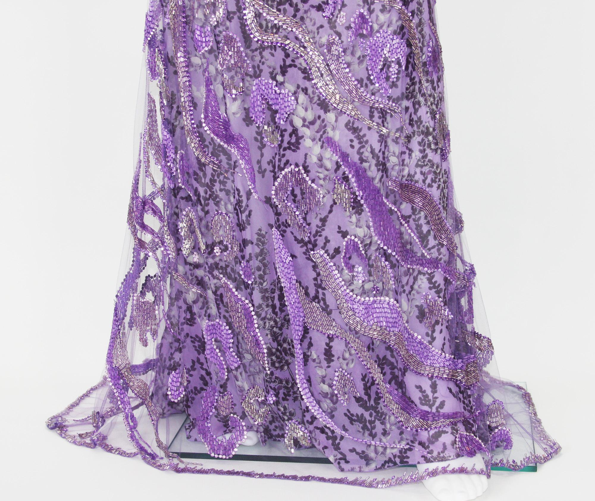New Atelier Versace Wisteria Purple Silk Fully Beaded Dress Gown For Sale 2