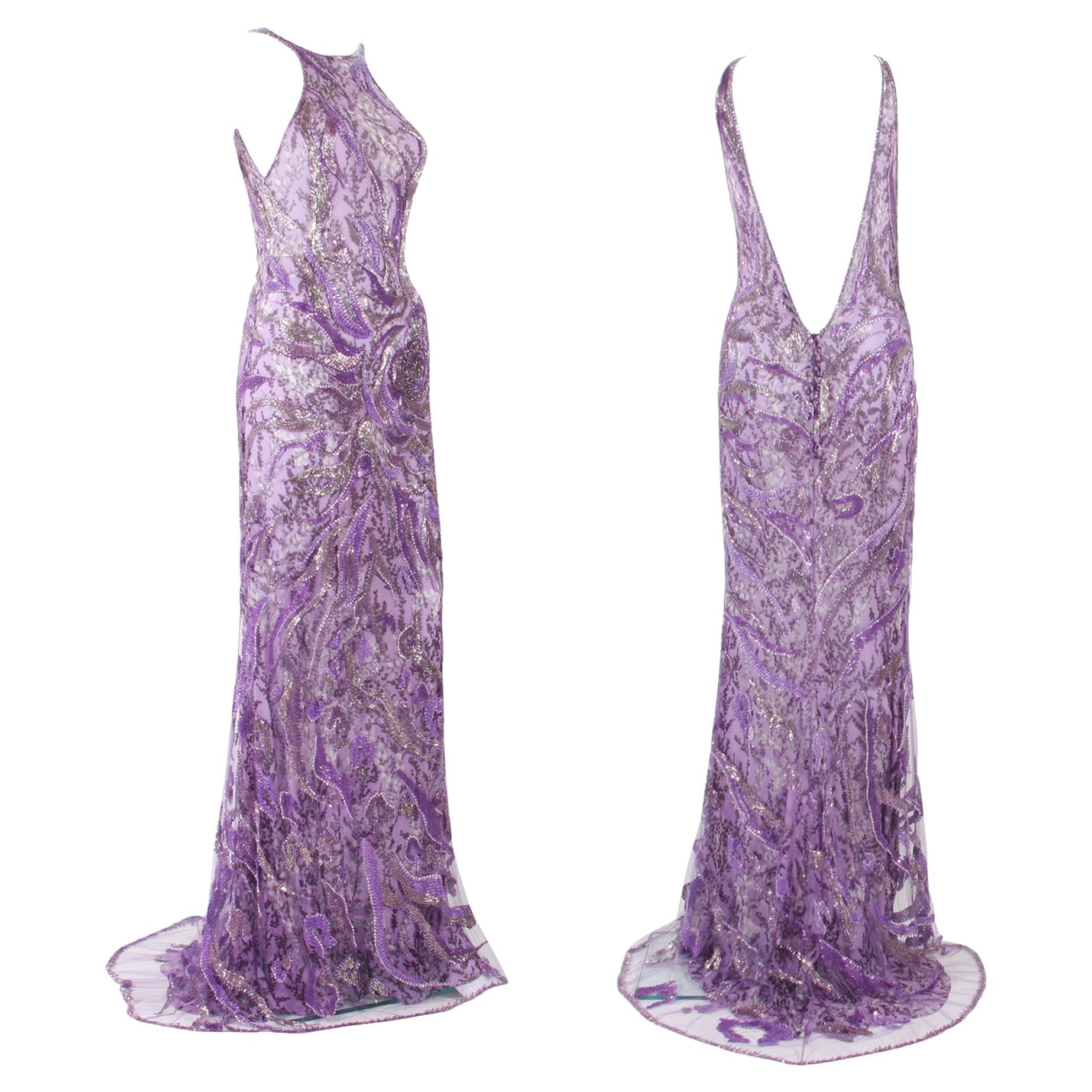 New Atelier Versace Wisteria Purple Silk Fully Beaded Dress Gown For Sale