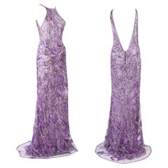 Retro New Atelier Versace Wisteria Purple Silk Fully Beaded Dress Gown 